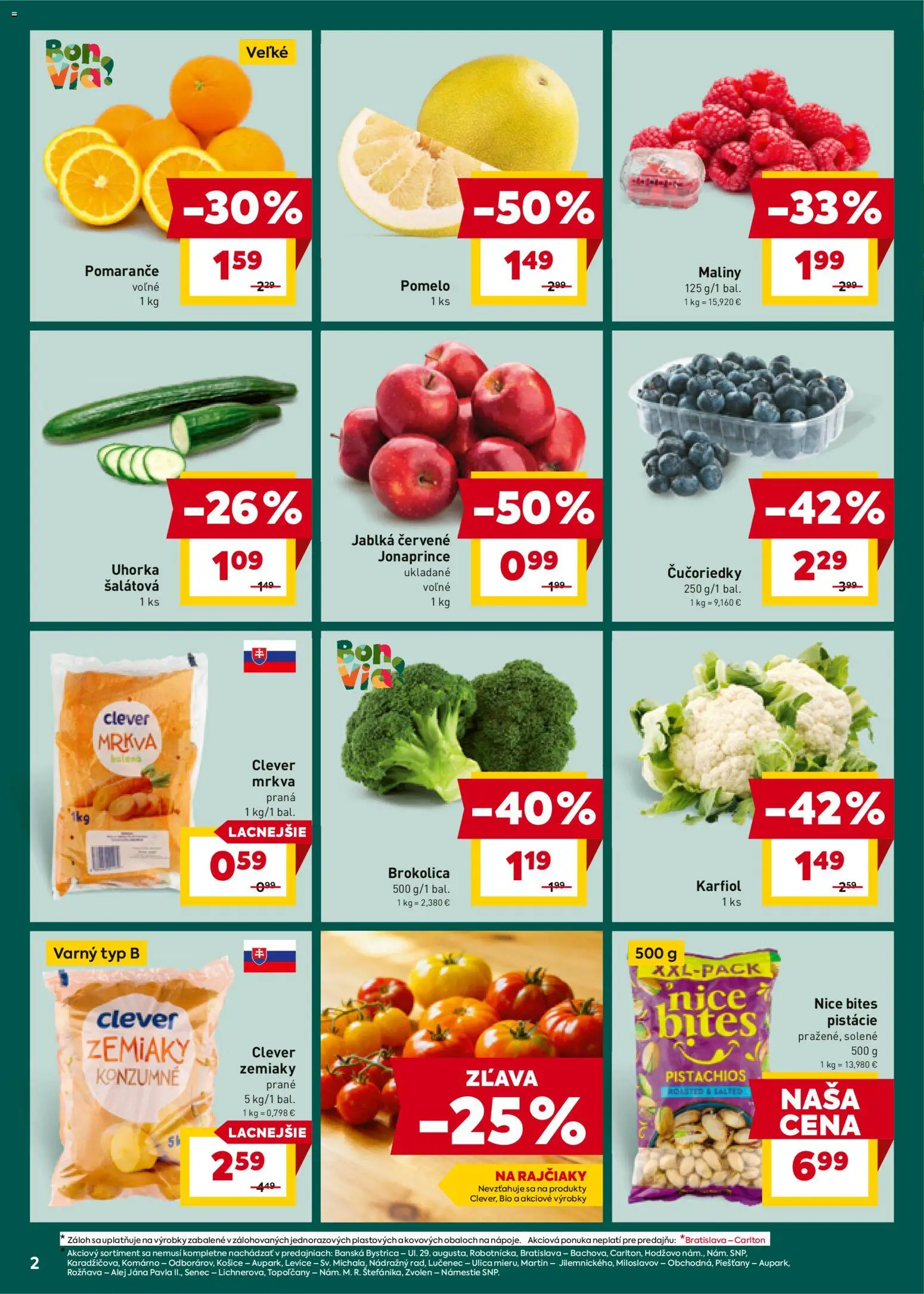 Nové Billa akcie – leták je platný od 07.01.2026 | Strana: 2 | Produkty: Karfiol, Čučoriedky, Pomelo, Pistácie