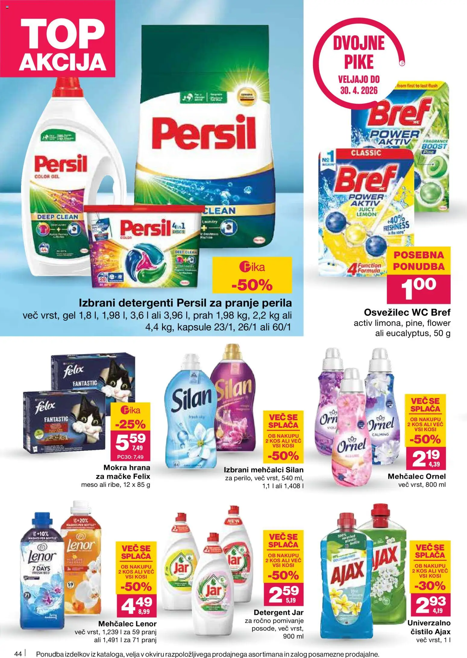 Novi Mercator katalog ponudbe – veljaven od 23.04.2026 | Stran: 44 | Izdelki: Hrana za mačke, Mehčalec, Kos, Detergent