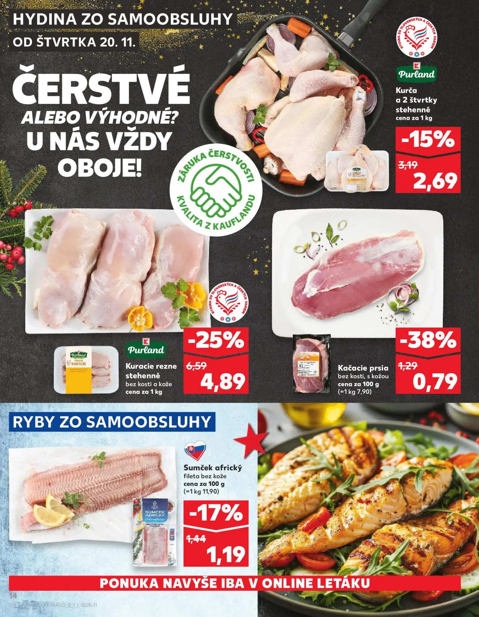 Nové Kaufland akcie – leták je platný od 20.11.2025 | Strana: 14 | Produkty: Kačacie prsia, Ryby, Kuracie rezne, Kurča
