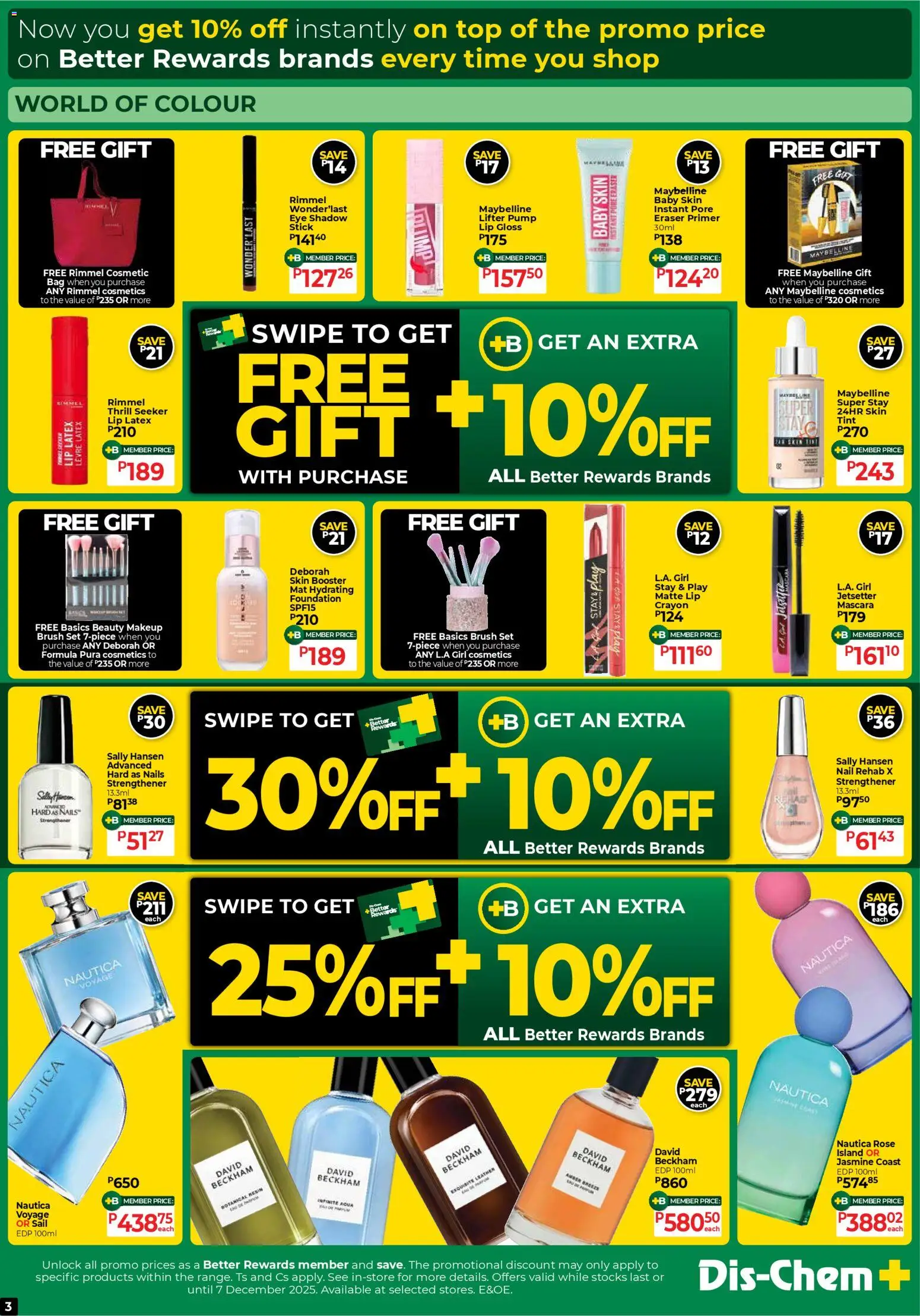 New Dis-Chem catalogue – valid from 24.11.2025 | Page: 3 | Products: Gloss, Brush, Mascara, Eye shadow