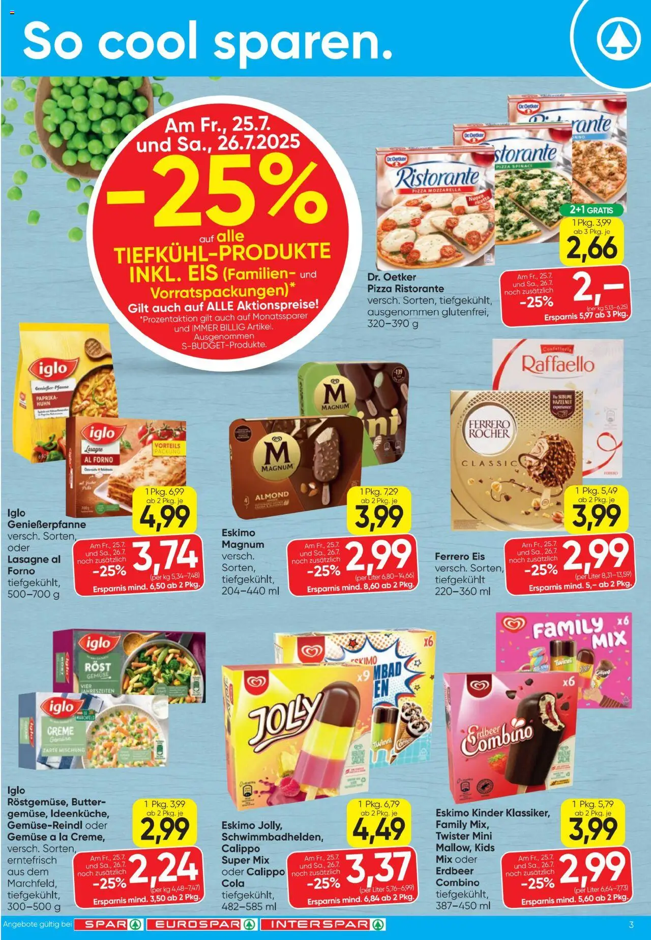 Spar Flugblatt gültig ab 24.07.2025 | Seite: 3 | Produkte: Eis, Gemüse, Creme, Pizza