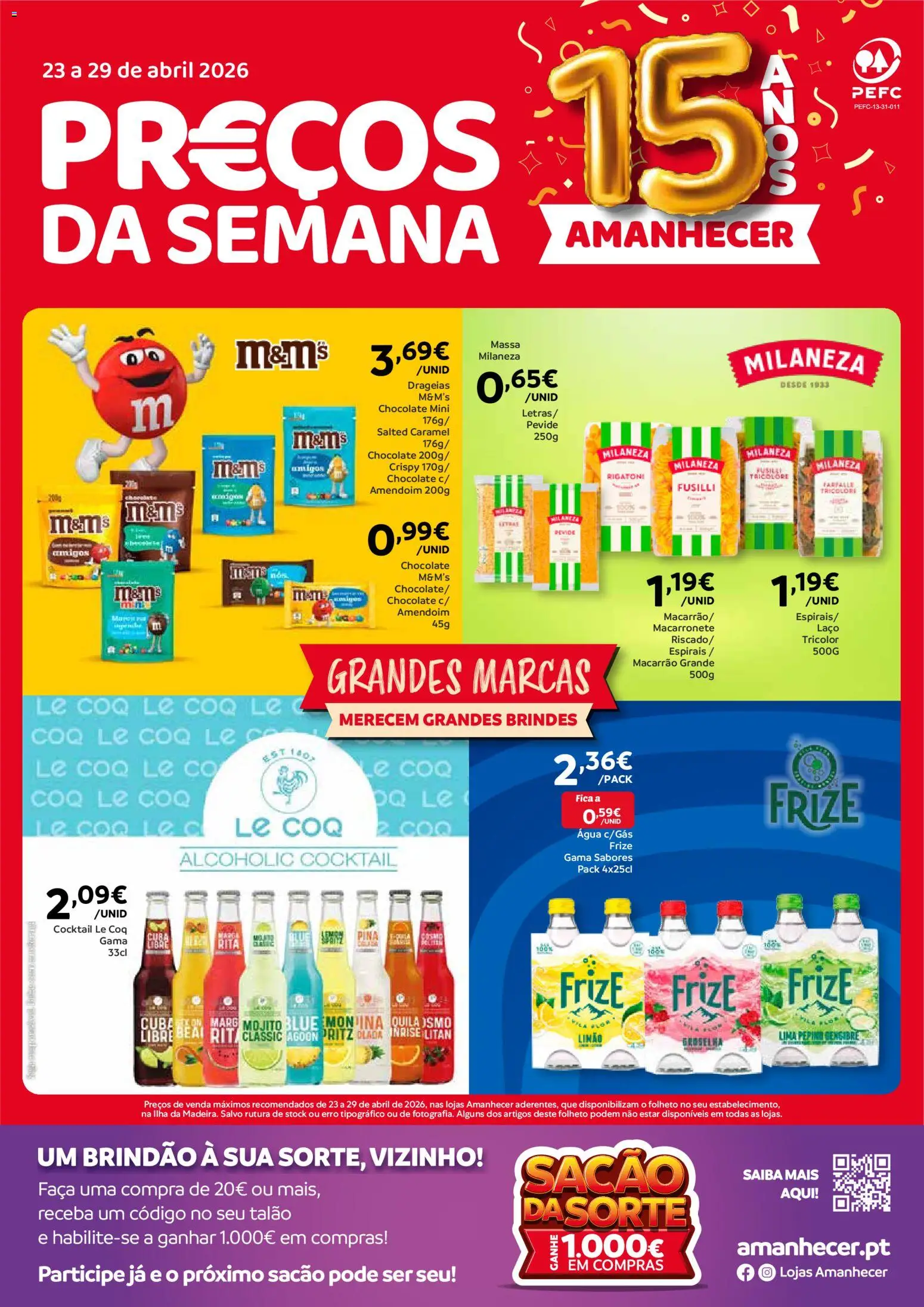 Amanhecer Folheto Madeira │ válido de 23.04.2026 | Página: 1 | Produtos: Agua, Milaneza, Macarrão, Massa