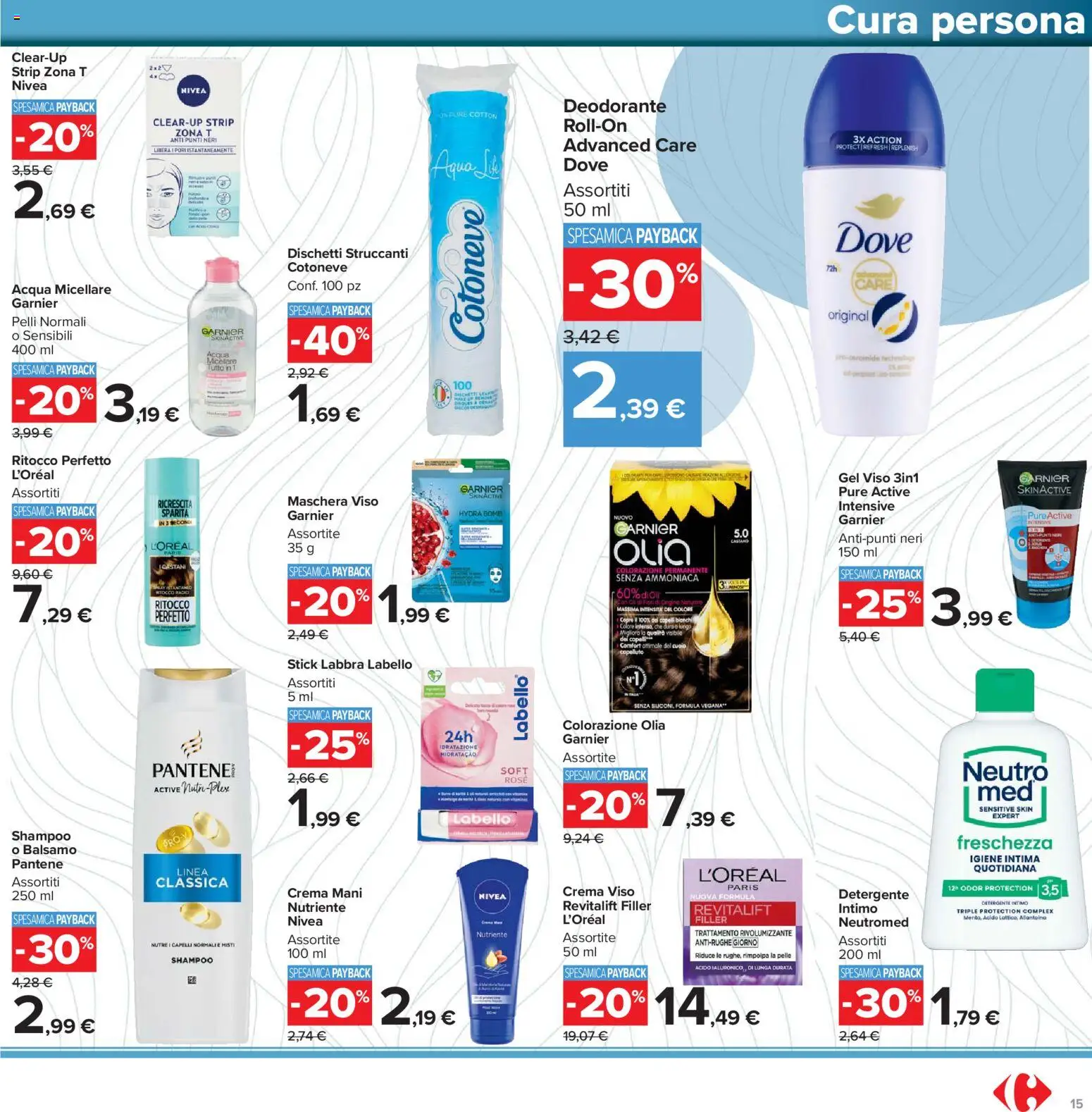 Volantino Carrefour del 15.01.2026 | Pagina: 15 | Prodotti: Shampoo, Detergente, Maschera viso, Dischetti struccanti