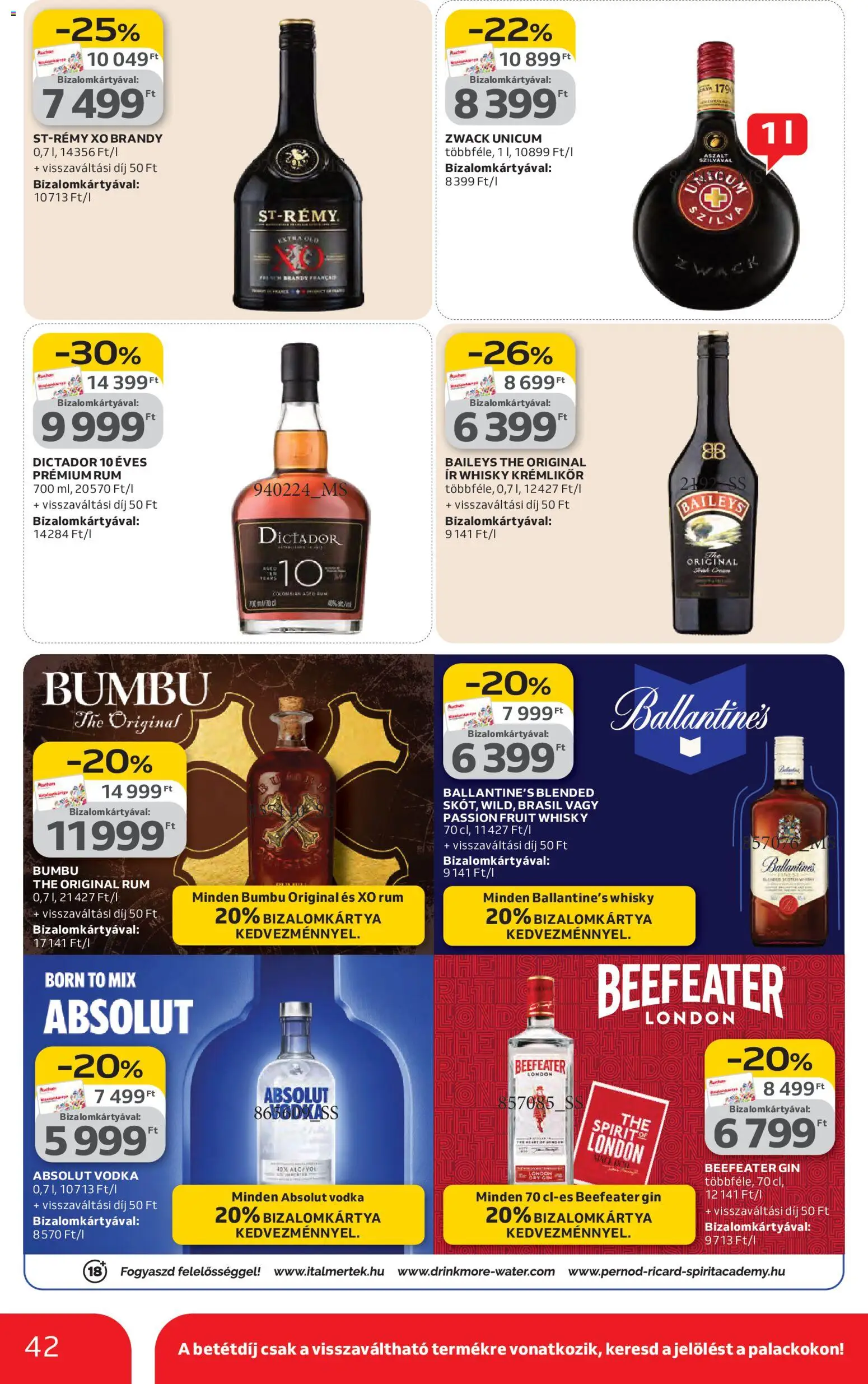 Auchan akciós ujság - amely érvényes a következő dátumtól: 19.03.2026 | Oldal: 42 | Termékek: Krémlikőr, Rum, Vodka, Whisky
