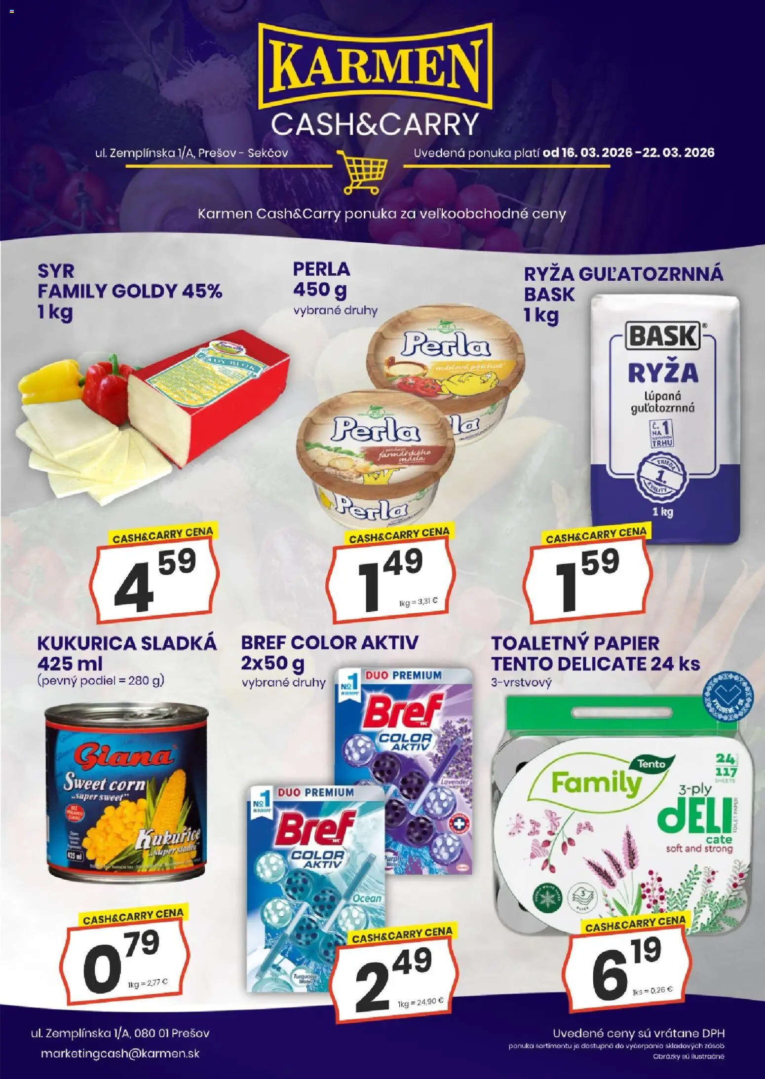 Nové KARMEN CBA akcie – leták je platný od 16.03.2026 | Strana: 2 | Produkty: Ryža, Toaletný papier, Kukurica