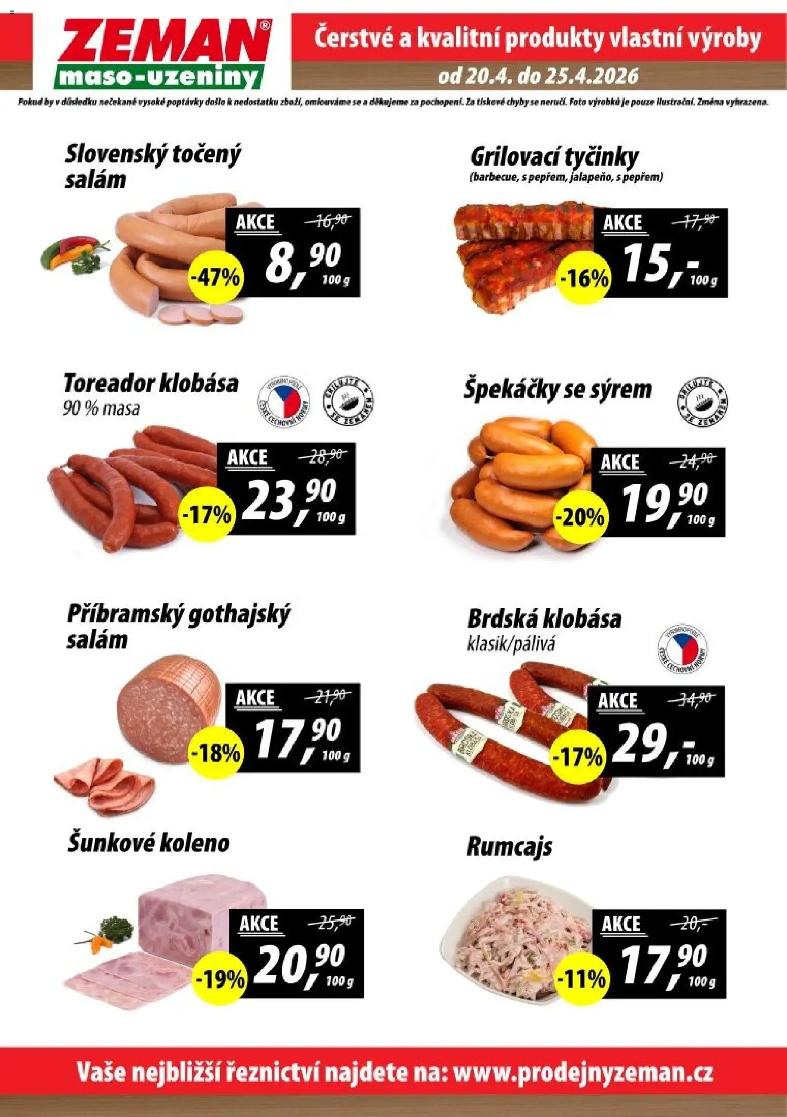 Prodejny Zeman leták - Dačice, Jindřichův Hradec, Kaplice  od 20.04.2026 | Strana: 2 | Produkty: Salám, Špekáčky, Tyčinky, Klobása