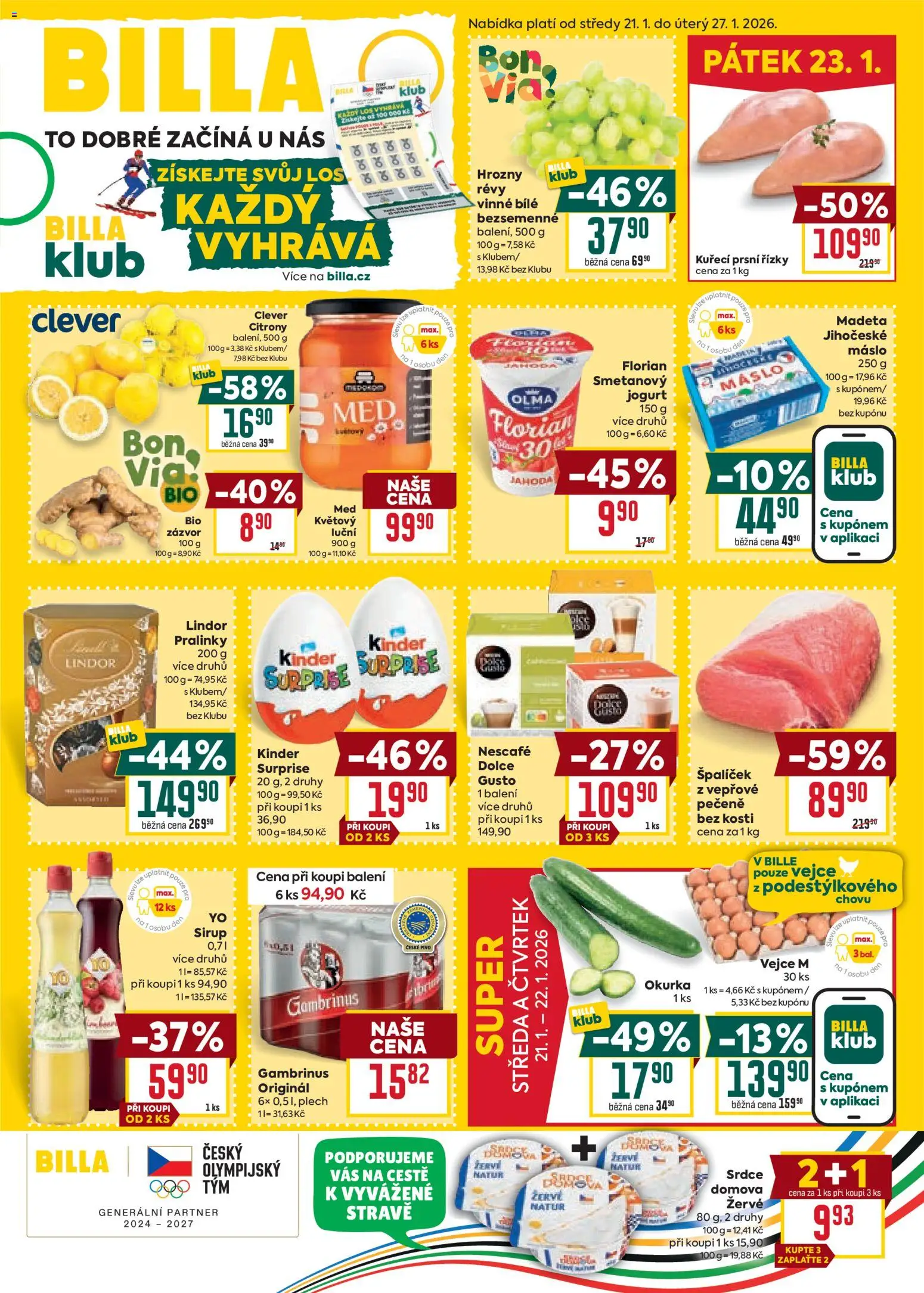 Billa Velký leták od 21.01.2026 | Strana: 1 | Produkty: Vejce, Clever, Hrozny, Okurka