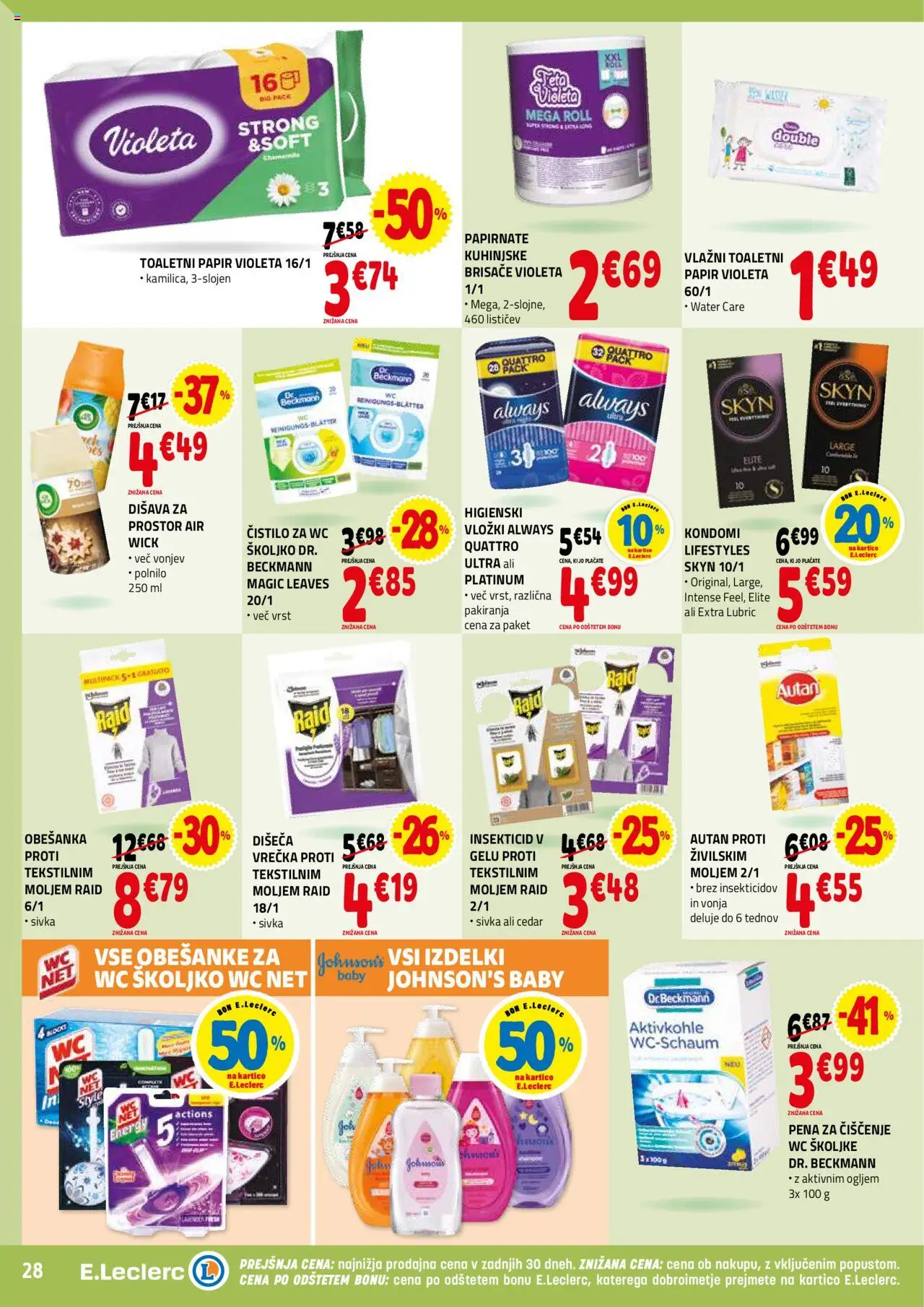 Novi E.leclerc katalog ponudbe – veljaven od 17.09.2025 | Stran: 28 | Izdelki: Toaletni papir, Kondomi, Vložki, Disava