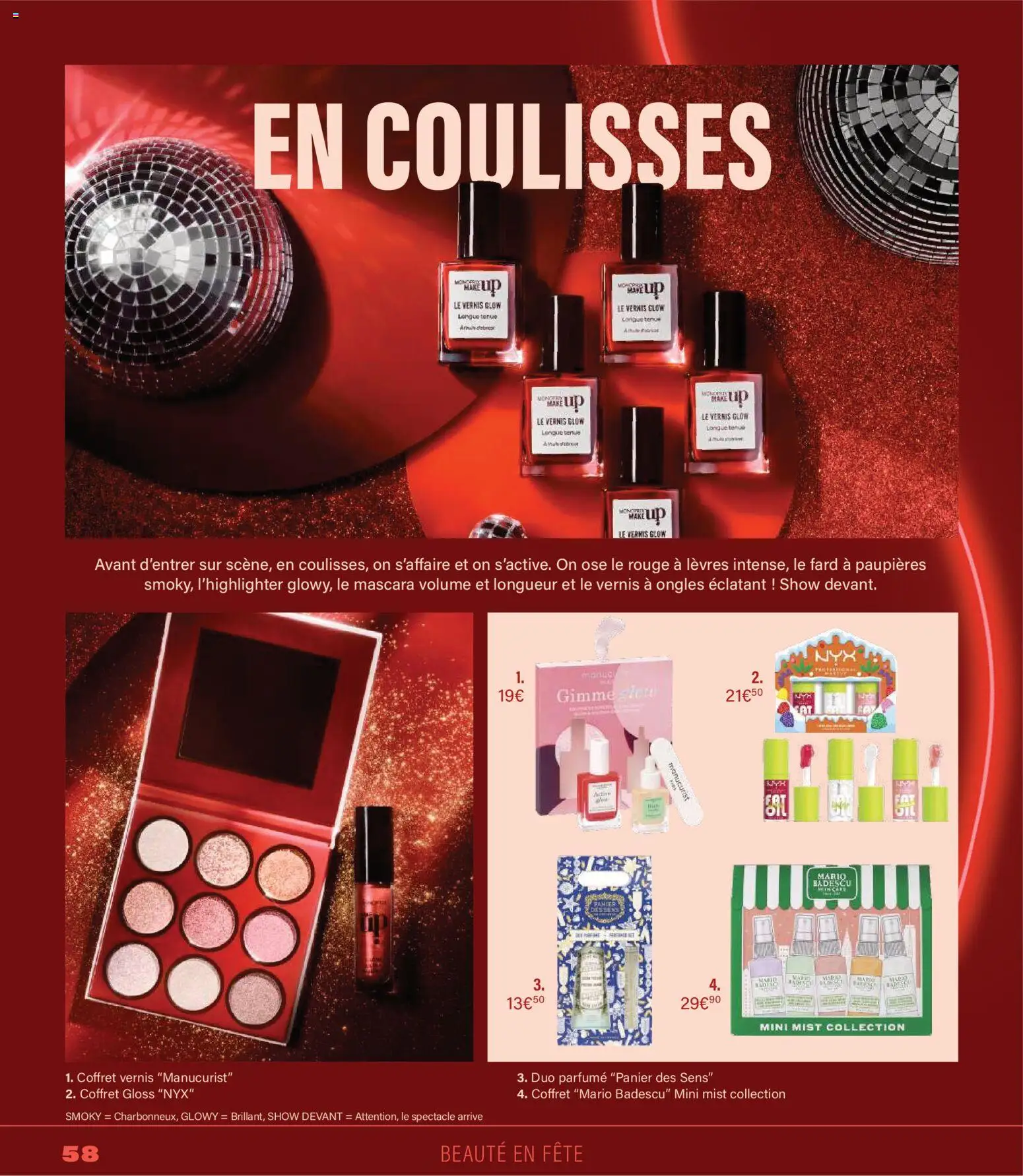 {H1} | Page: 58 | Produits: Mascara, Fard à paupières, Rouge à lèvres, Panier