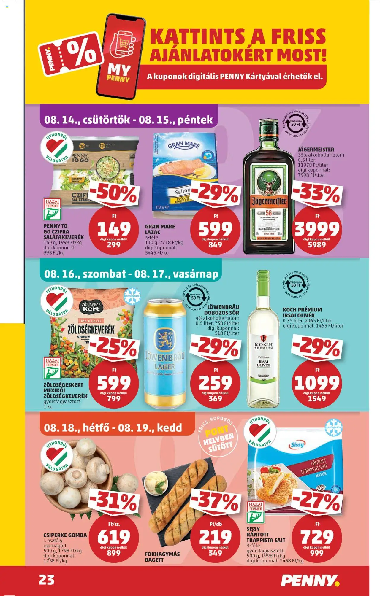 PENNY akciós ujság - amely érvényes a következő dátumtól: 14.08.2025 | Oldal: 27 | Termékek: Jägermeister, Bagett, Lazac, Trappista sajt