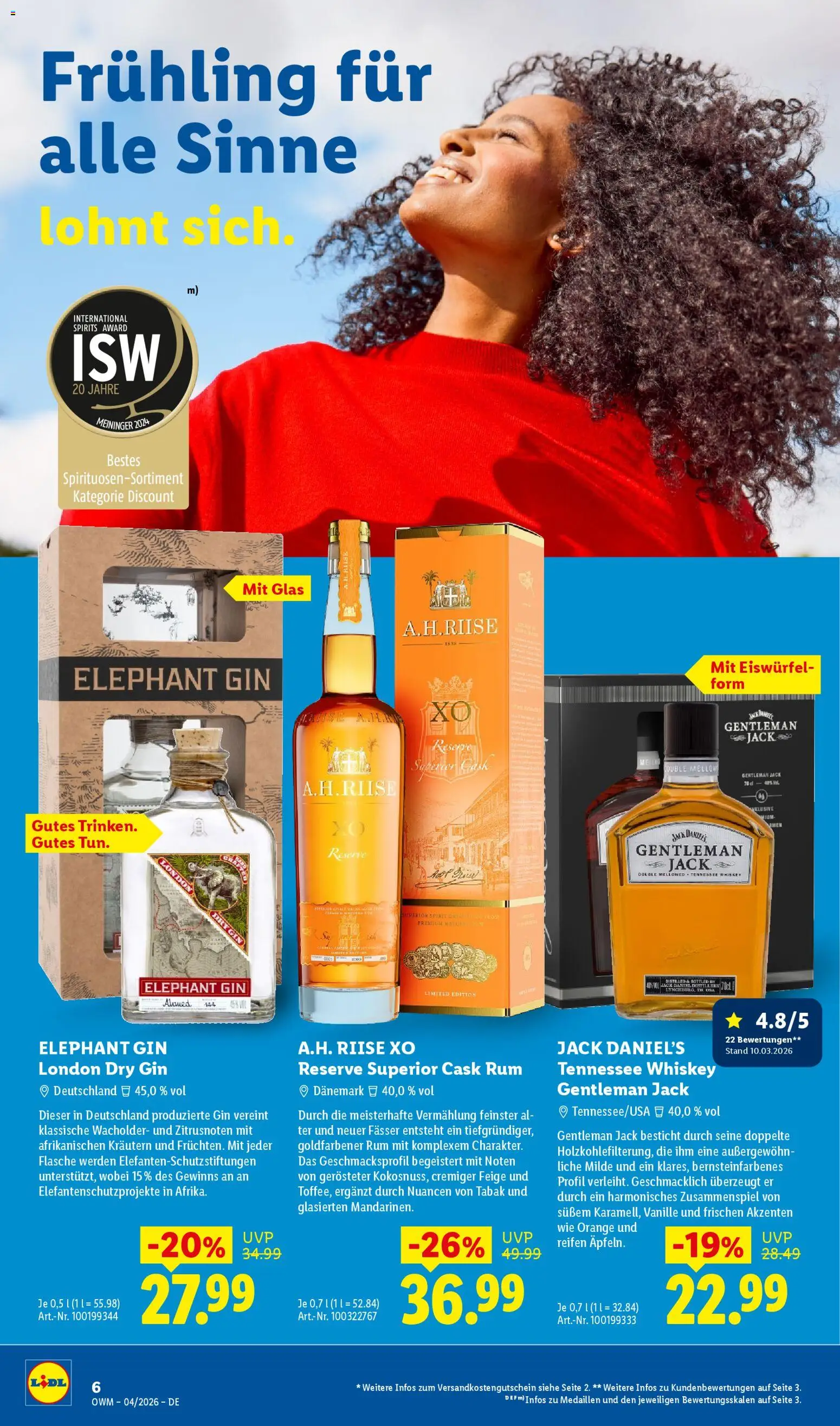Lidl Prospekt – gültig ab 01.04.2026 | Seite: 6 | Produkte: Rum, Jack Daniel's, Gin, Whiskey