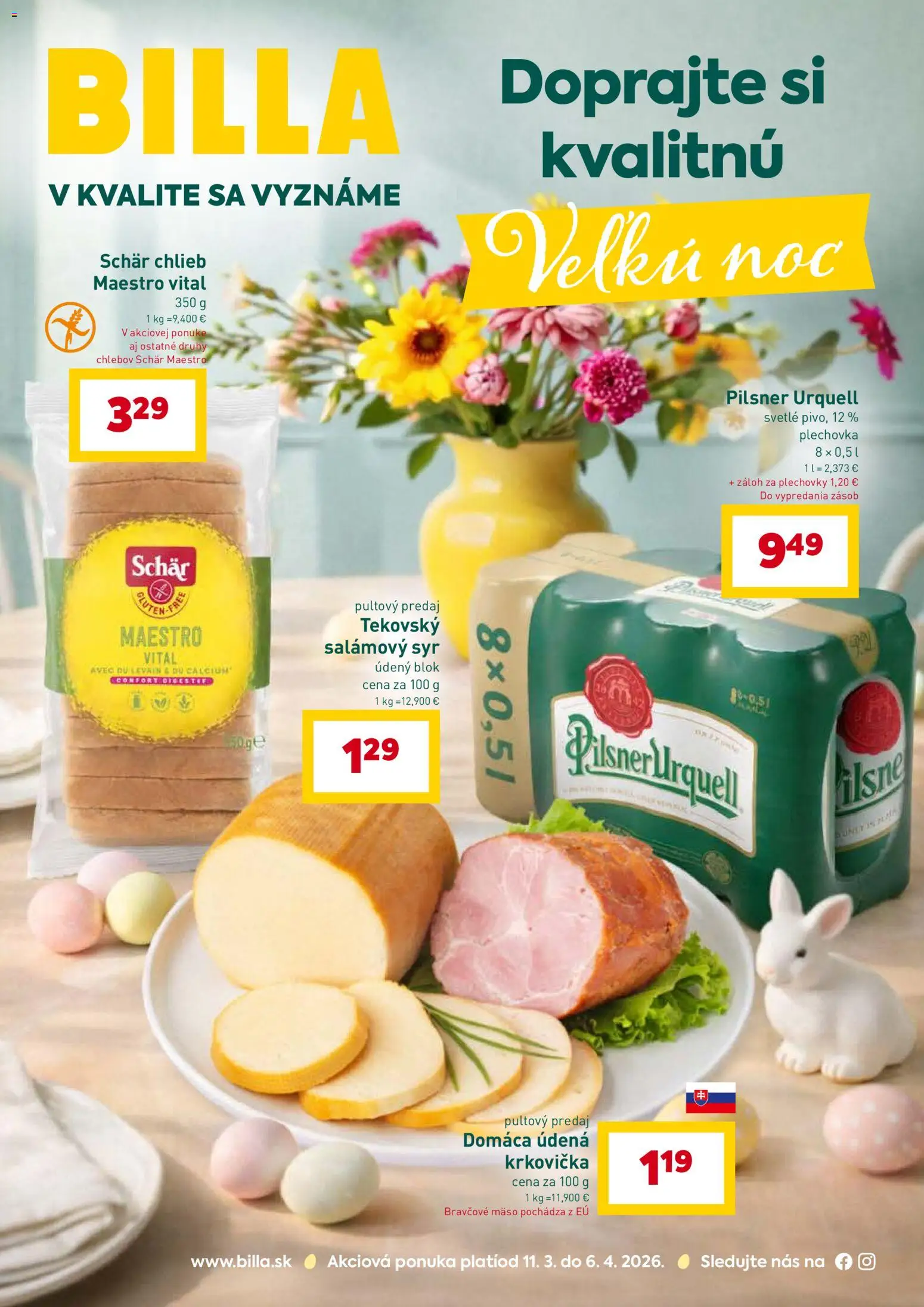 Nové Billa akcie – leták je platný od 11.03.2026 | Strana: 1 | Produkty: Syr, Chlieb, Krkovička, Bravčové mäso