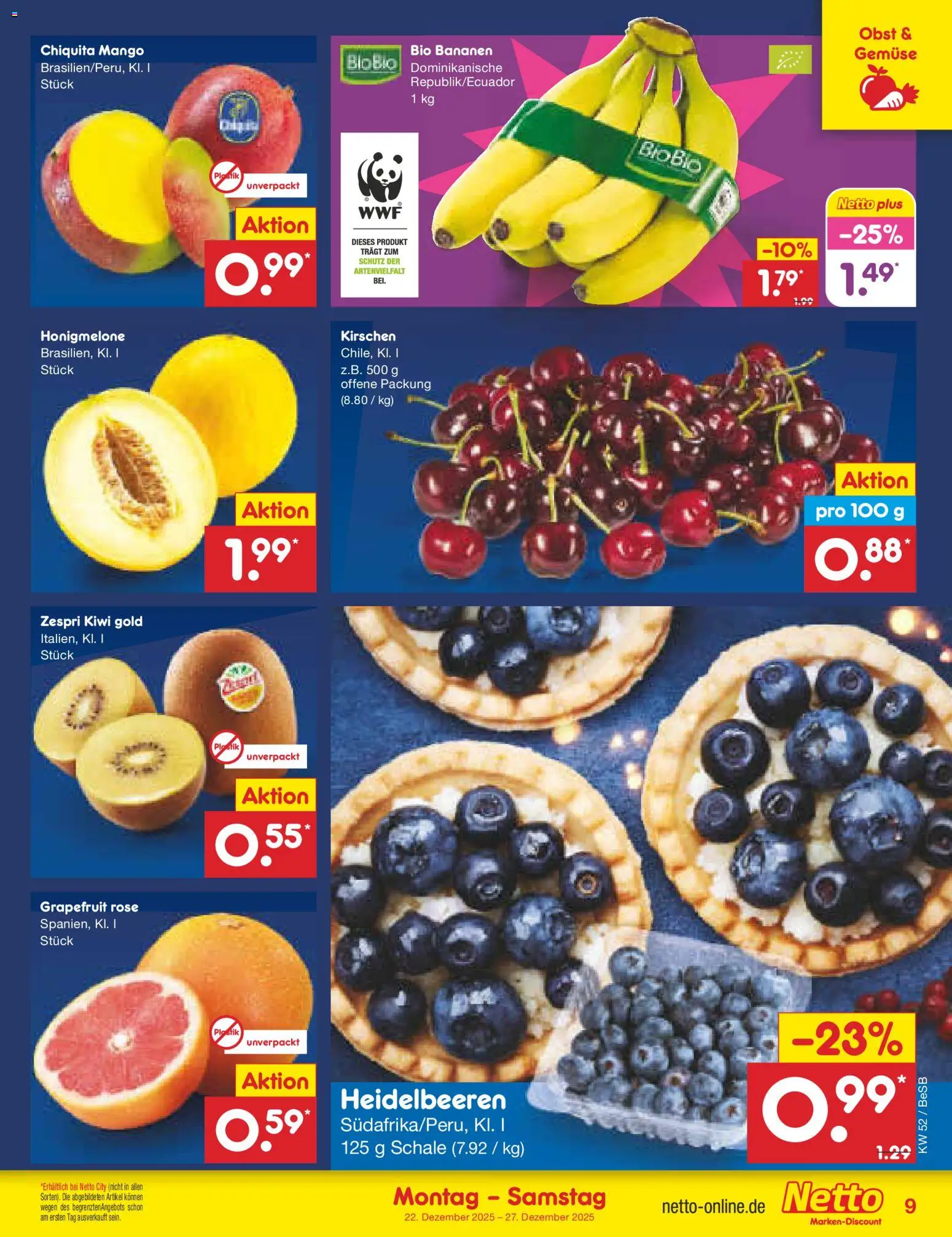 Netto Marken-Discount Prospekt 	 – gültig ab 22.12.2025 | Seite: 9 | Produkte: Bananen, Heidelbeeren, Honigmelone, Grapefruit