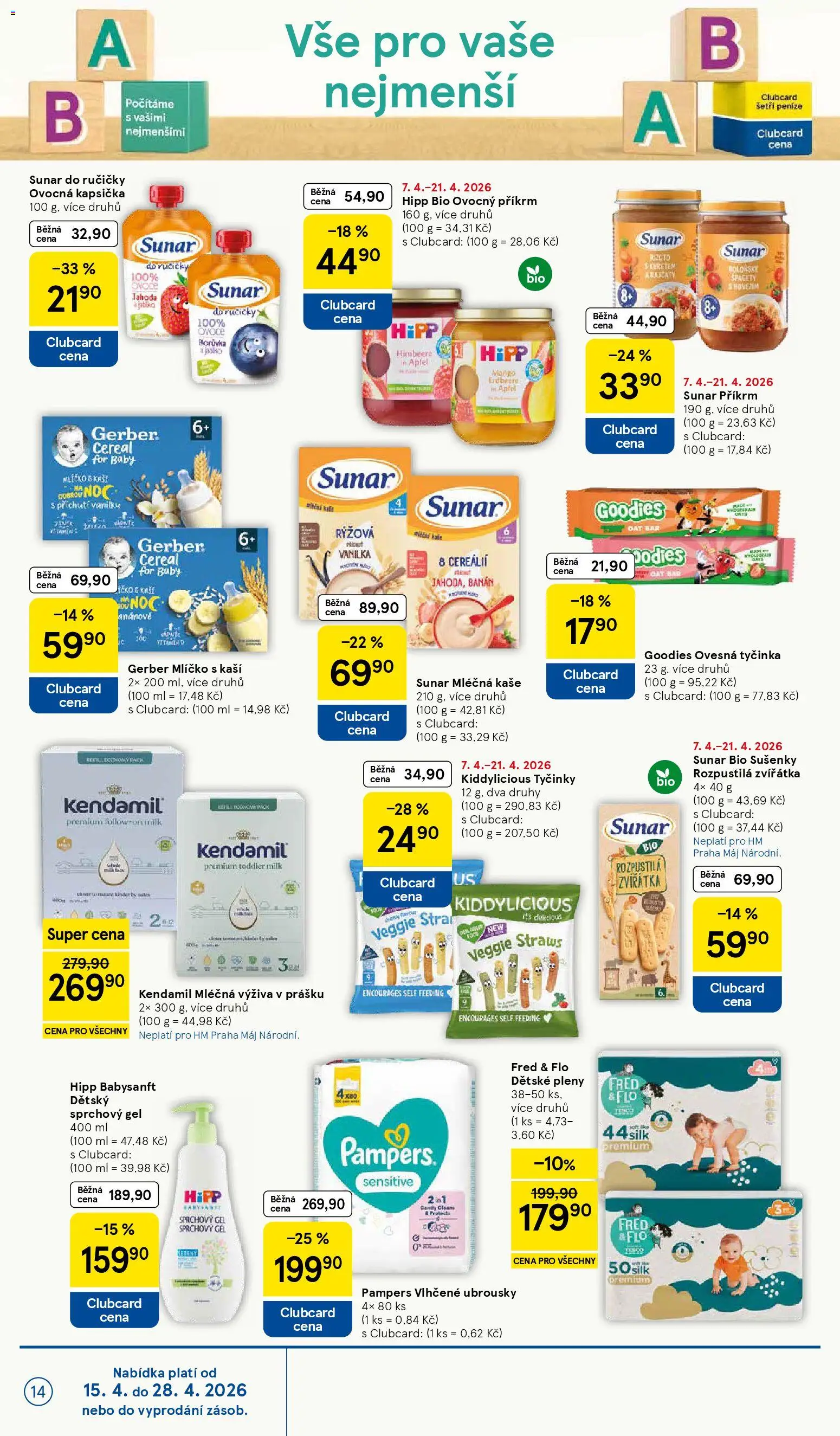 Tesco leták - Hypermarket od 15.04.2026 | Strana: 14 | Produkty: Vlhčené ubrousky, Sprchový gel, Sunar, Hipp