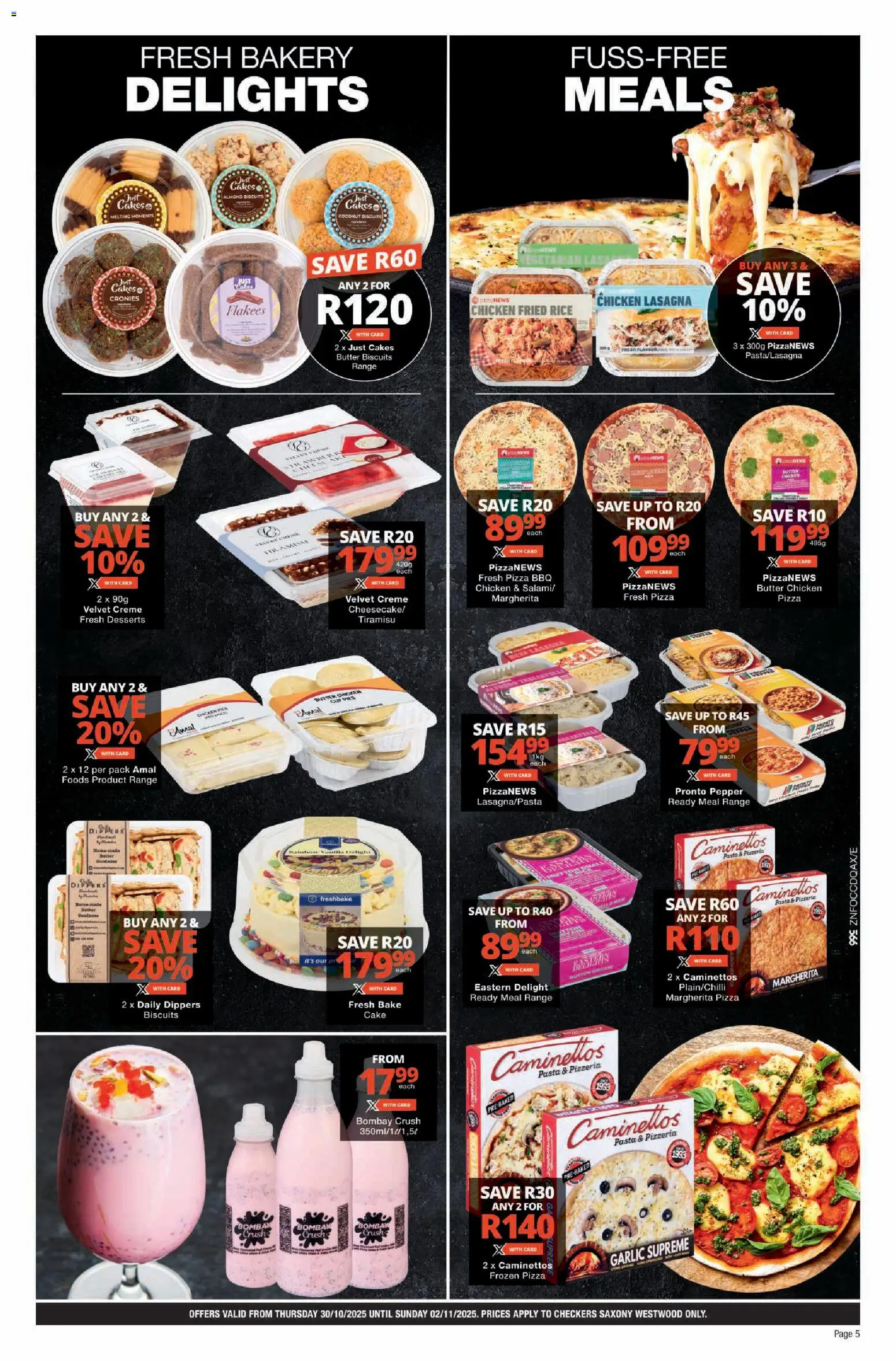 New Checkers catalogue – valid from 30.10.2025 | Page: 5 | Products: Cake, Pizza, Chicken, Rice