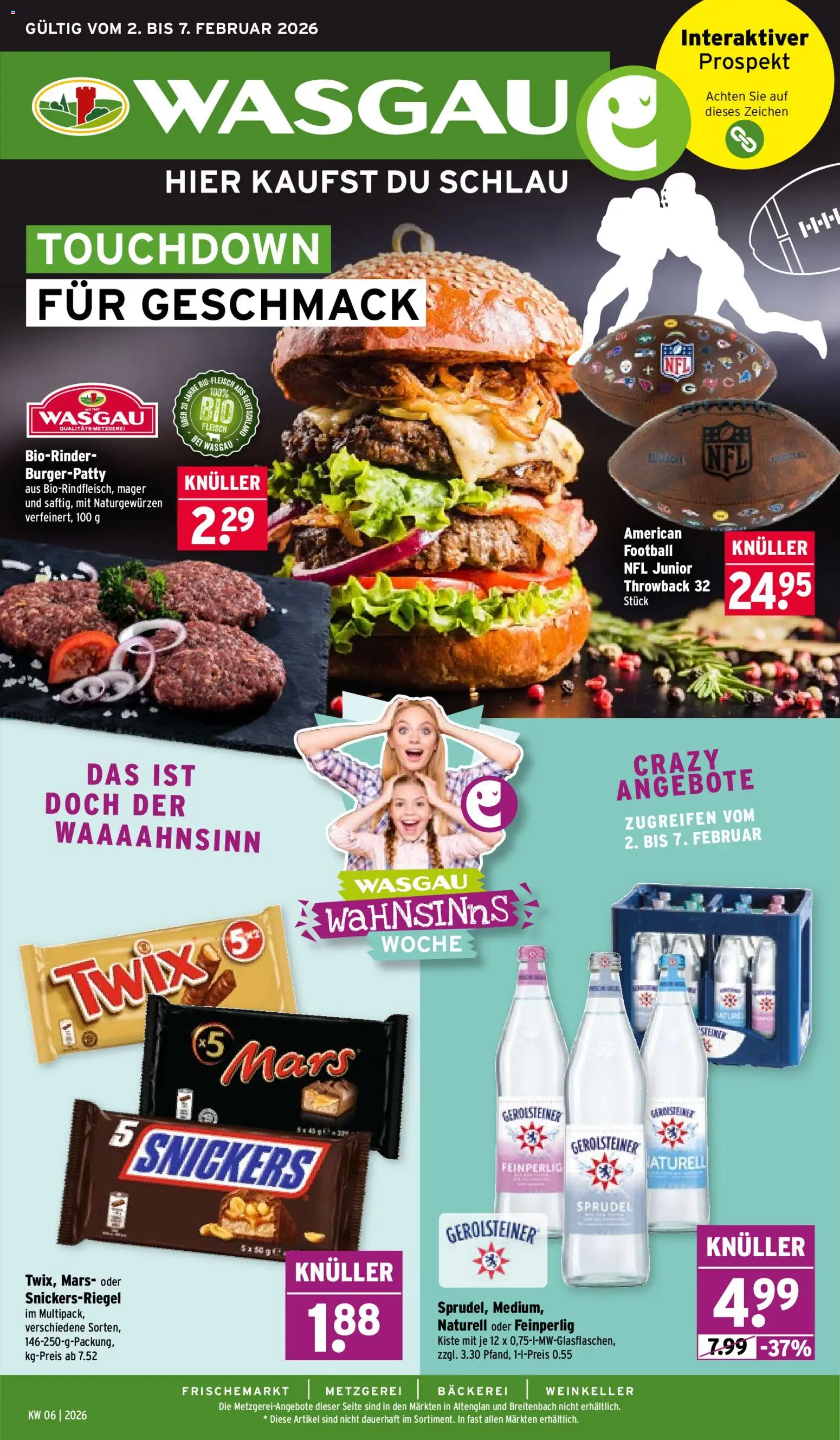 Wasgau Prospekt 	 – gültig ab 02.02.2026 | Seite: 1 | Produkte: Bäckerei, Twix, Football, Gerolsteiner