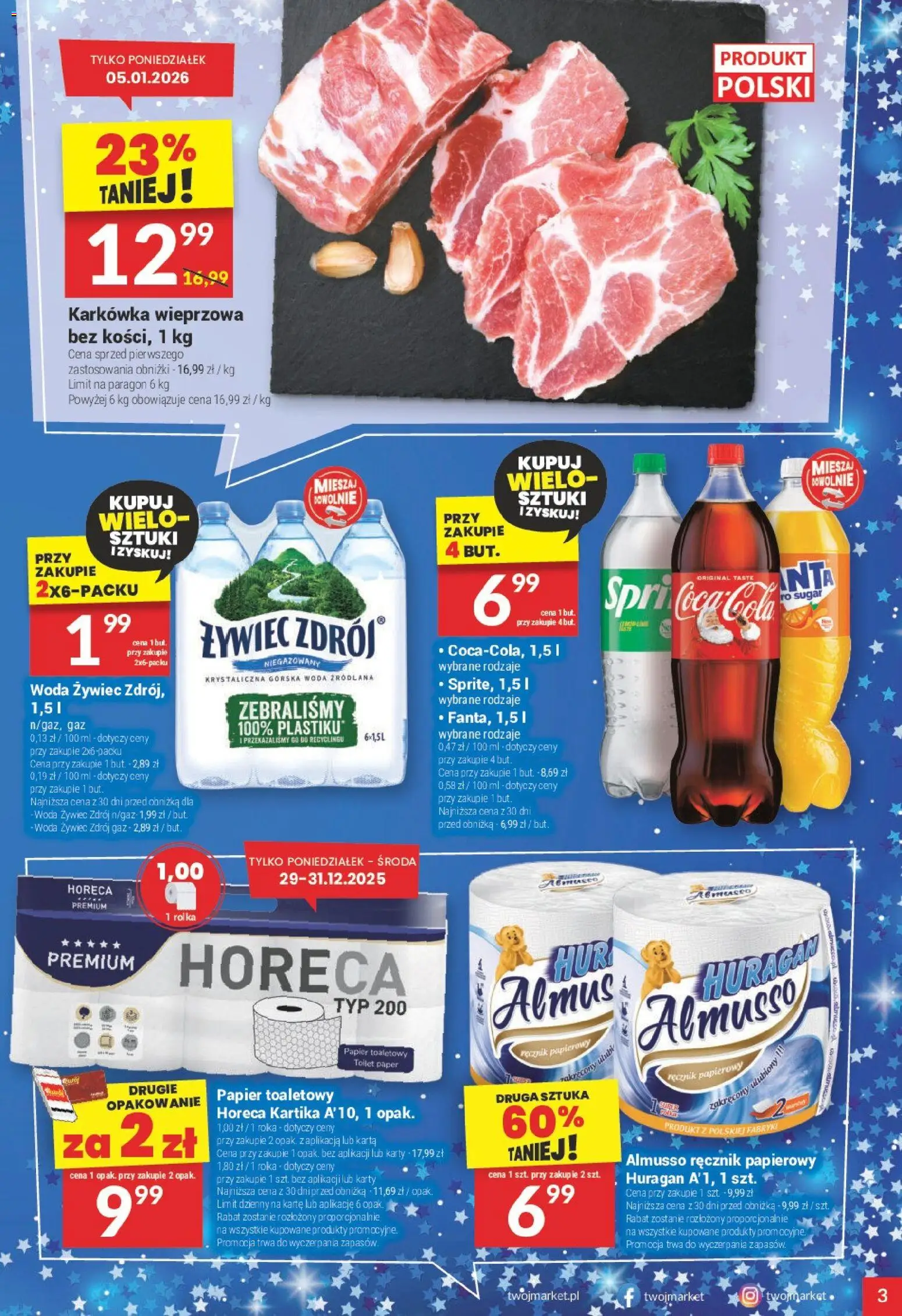 Twój Market Gazetka od 29.12.2025 | Strona: 3 | Produkty: Karta, Woda żywiec, Karkówka, Woda