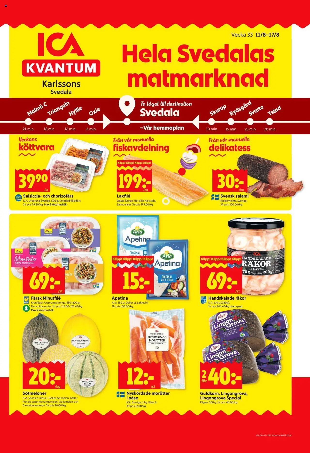 ICA Kvantum reklamblad aktuell från 11.08.2025 | Sida: 1 | Produkter: Kycklingfile, Galler, Räkor, Salami