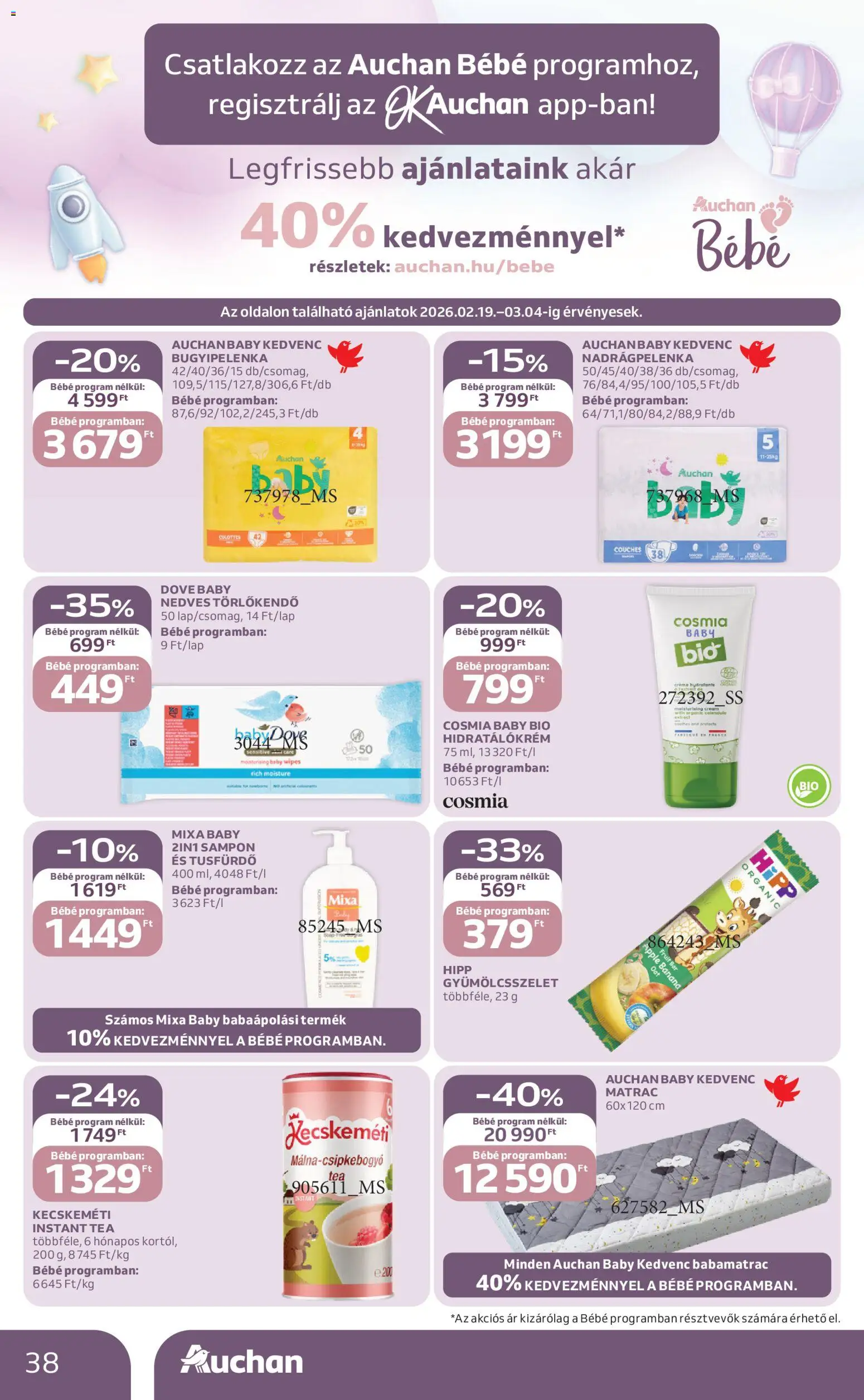Auchan akciós ujság - amely érvényes a következő dátumtól: 19.02.2026 | Oldal: 38 | Termékek: Törlőkendő, Matrac, Nedves törlőkendő, Sampon