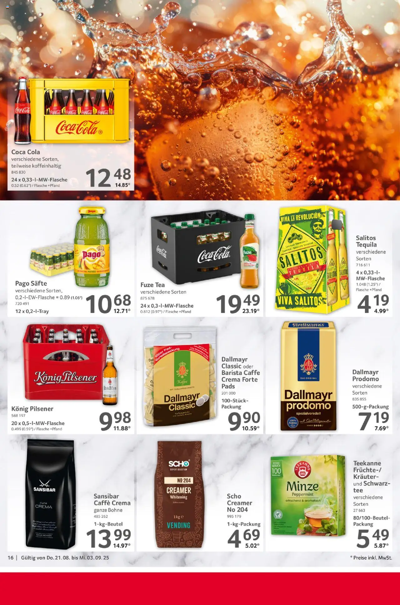 Selgros Gastronomie - gültig ab dem 21.08.2025 | Seite: 16 | Produkte: Coca cola, Cola, Tequila, Dallmayr