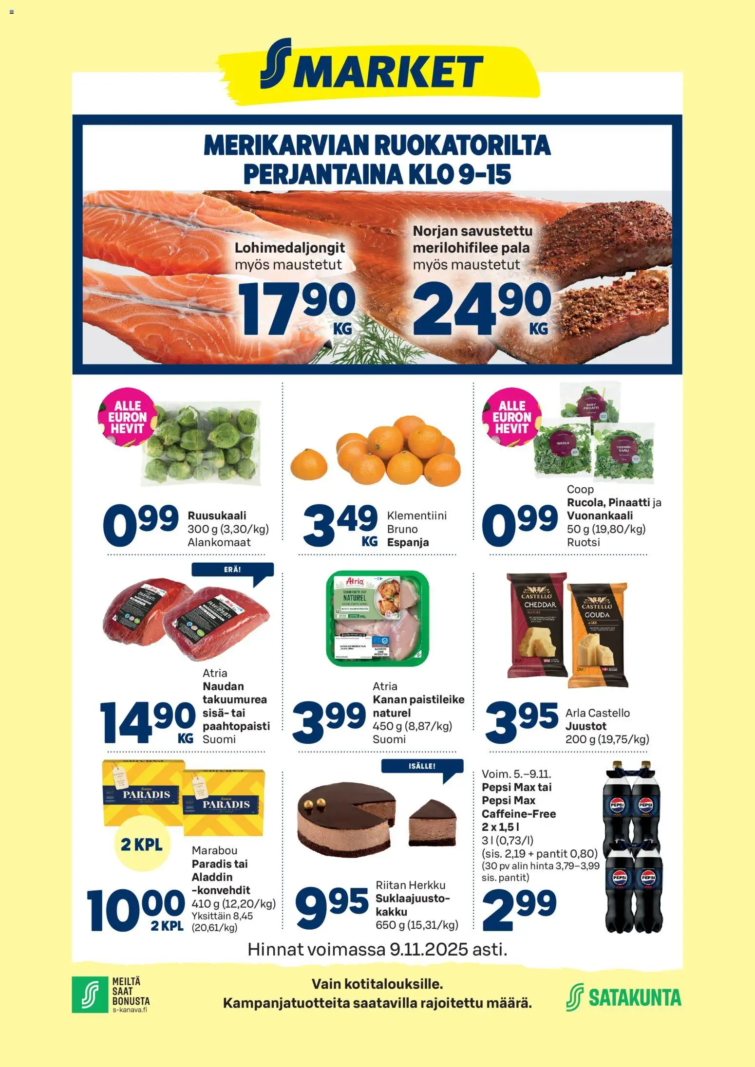 S-market Merikarvia – voimassa 05.11.2025 alkaen | Sivu: 1 | Tuotteet: Cheddar, Klementiini, Pepsi, Pinaatti