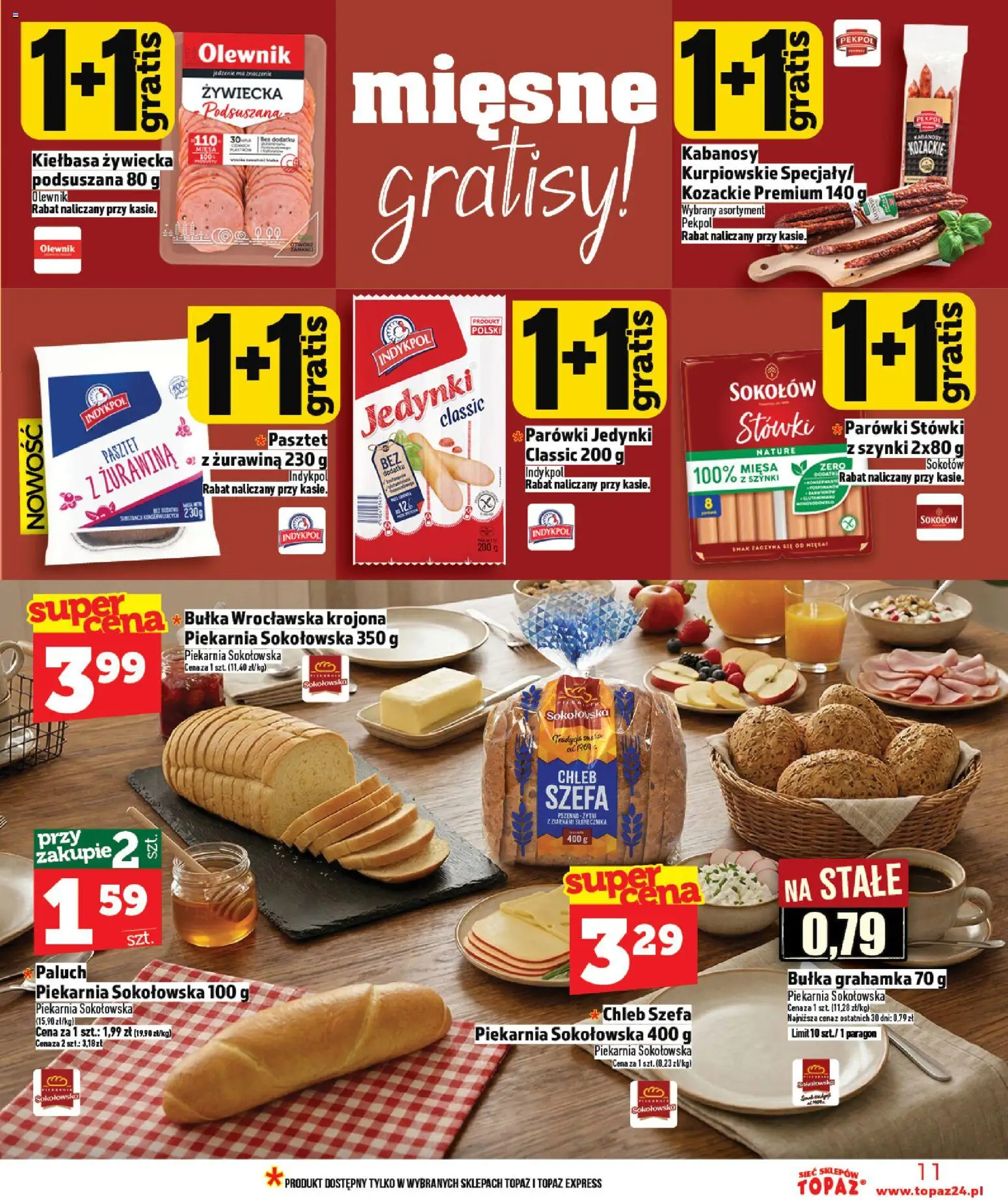 Topaz gazetka - Ceny małe na stałe od 09.04.2026 | Strona: 11 | Produkty: Piekarnia, Kabanosy, Parówki, Chleb