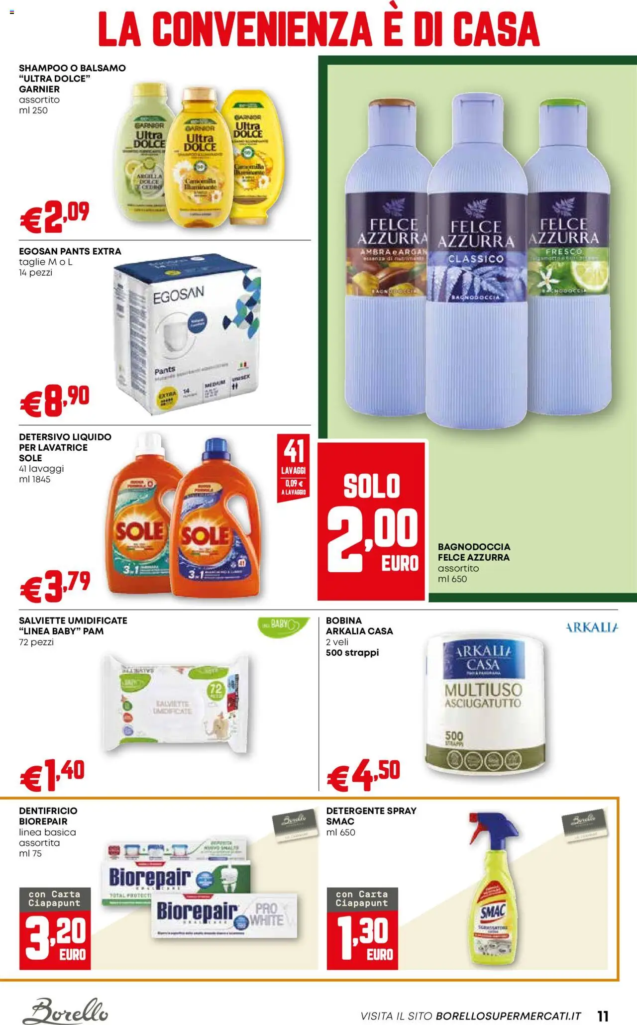 Volantino Borello Supermercati del 09.10.2025 | Pagina: 11 | Prodotti: Balsamo, Dentifricio, Detergente, Asciugatutto