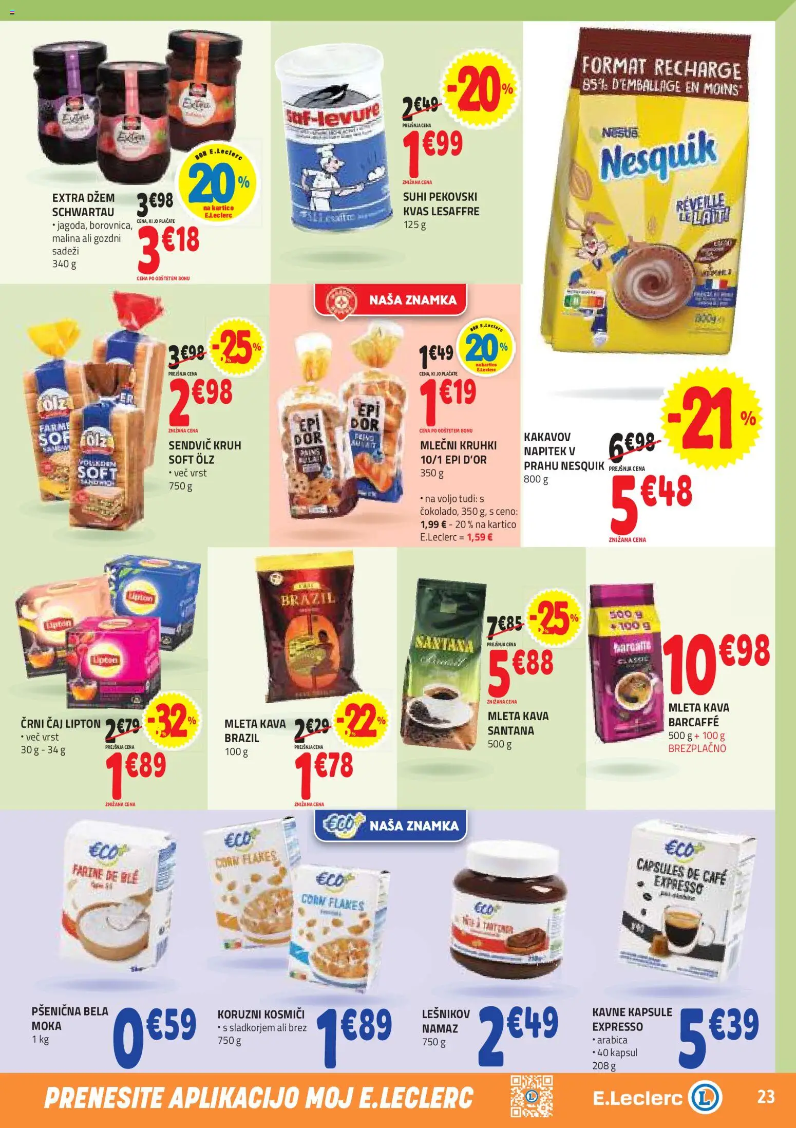 Novi E.leclerc katalog ponudbe – veljaven od 15.04.2026 | Stran: 23 | Izdelki: Kavne kapsule, Kruh, Caj, Kosmici
