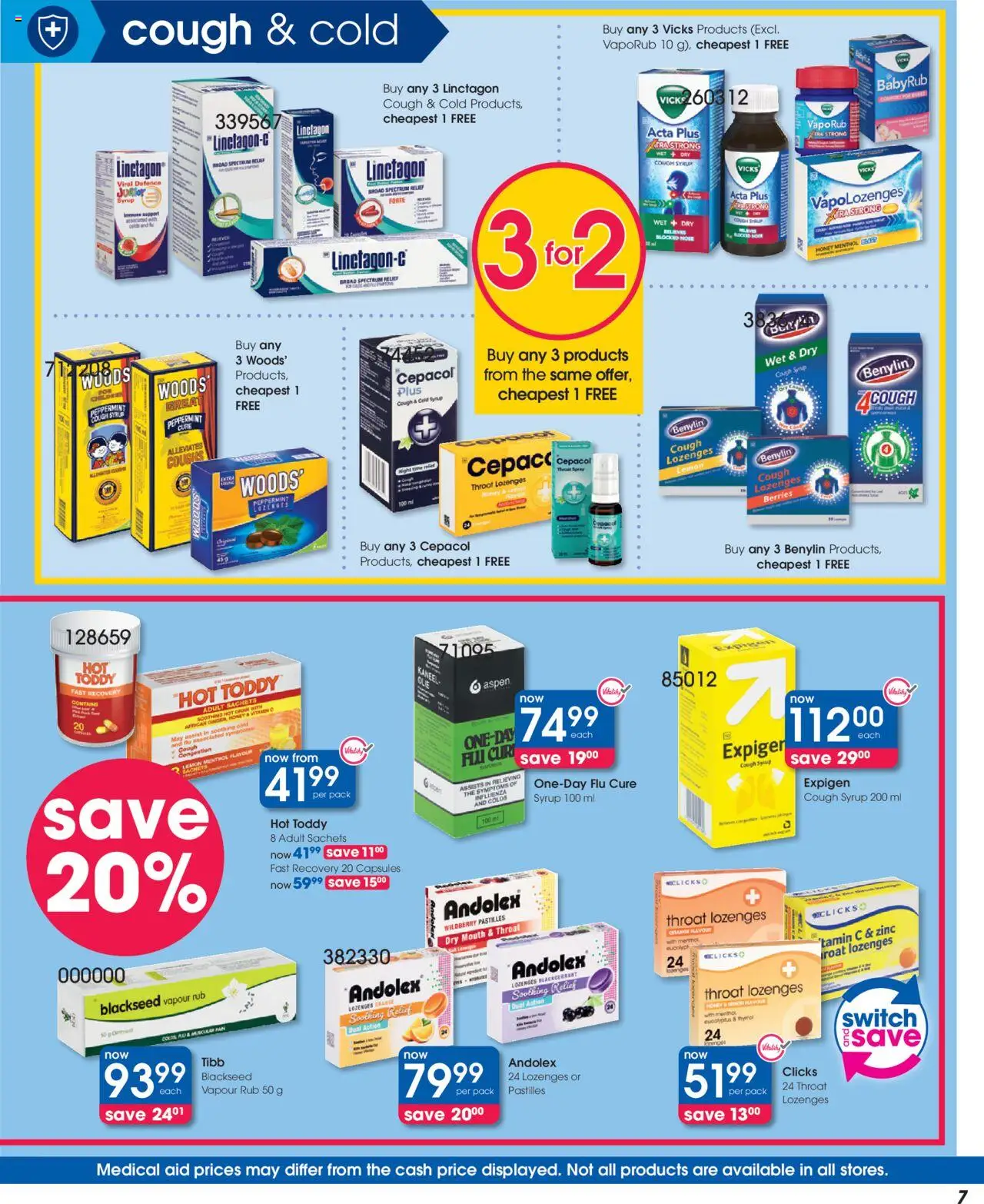 Clicks Specials │ valid from 21.08.2025 | Page: 7 | Products: Cough syrup, Switch, Lozenges, Lemon
