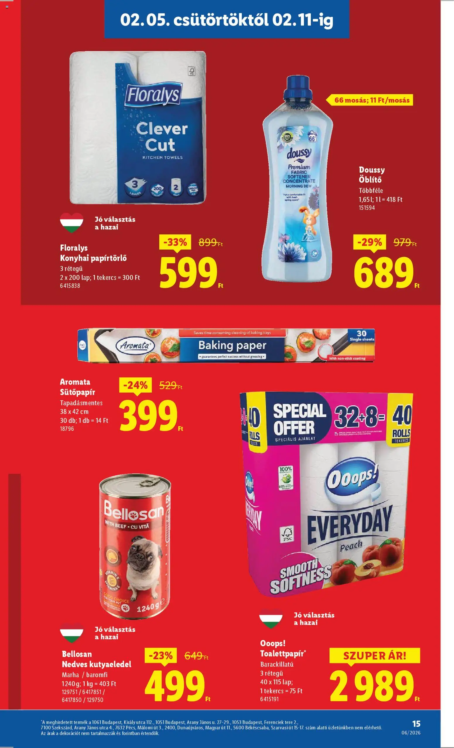 Lidl akciós ujság - amely érvényes a következő dátumtól: 05.02.2026 | Oldal: 15 | Termékek: Papírtörlő, Kutyaeledel, Öblítő