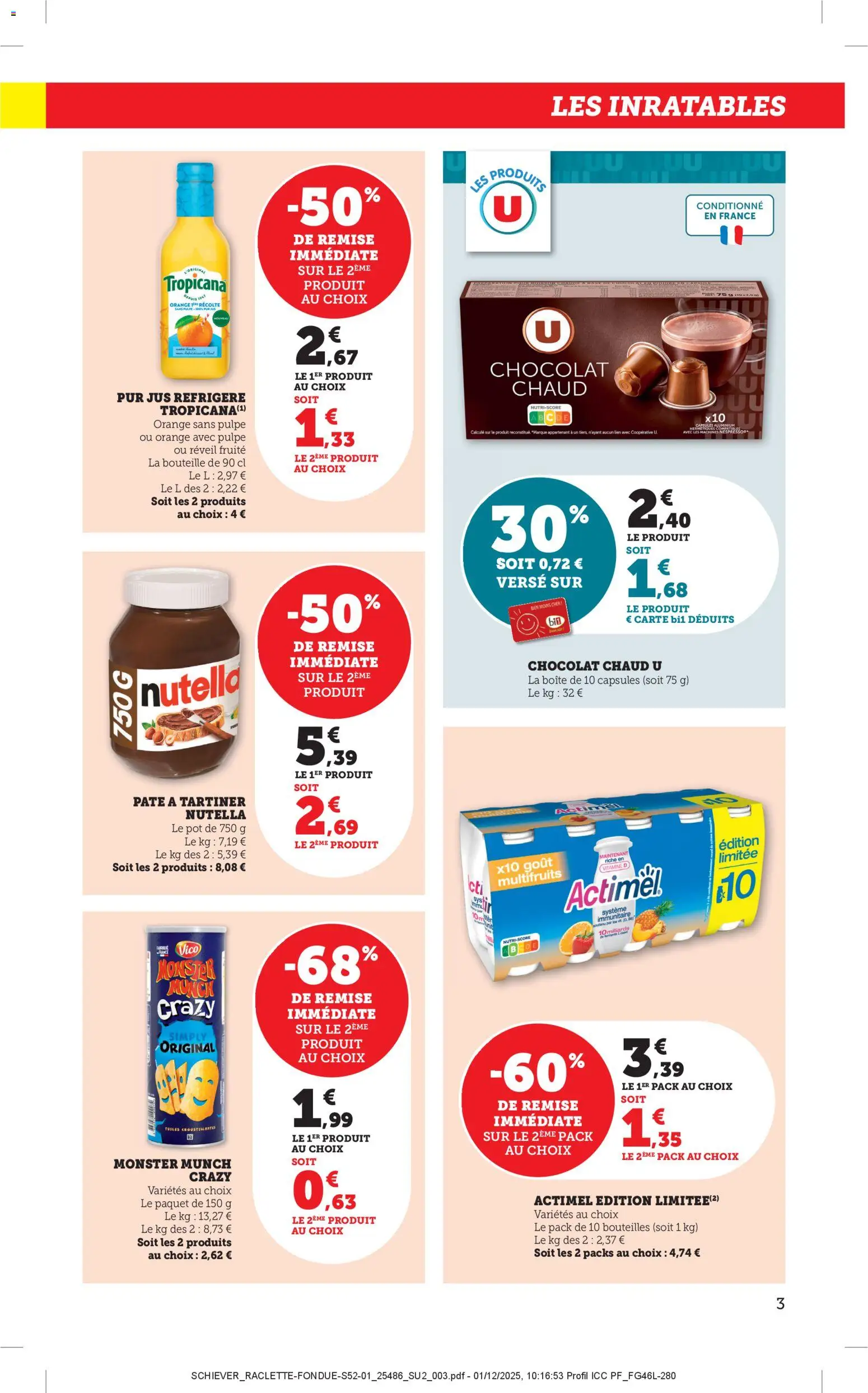 {H1} | Page: 3 | Produits: Actimel, Pâte à tartiner, Chocolat, Jus