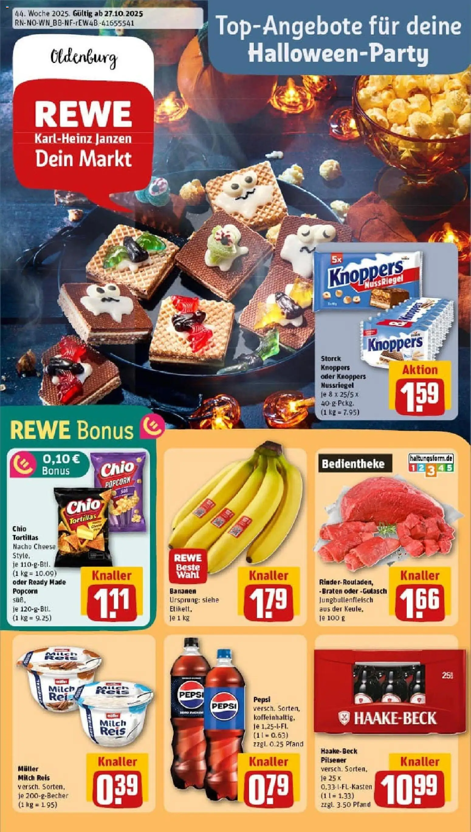 Rewe prospekt Oldenburg / Donnerschwee	 – gültig ab 26.10.2025 | Seite: 1 | Produkte: Milch, Gulasch, Pepsi, Chips