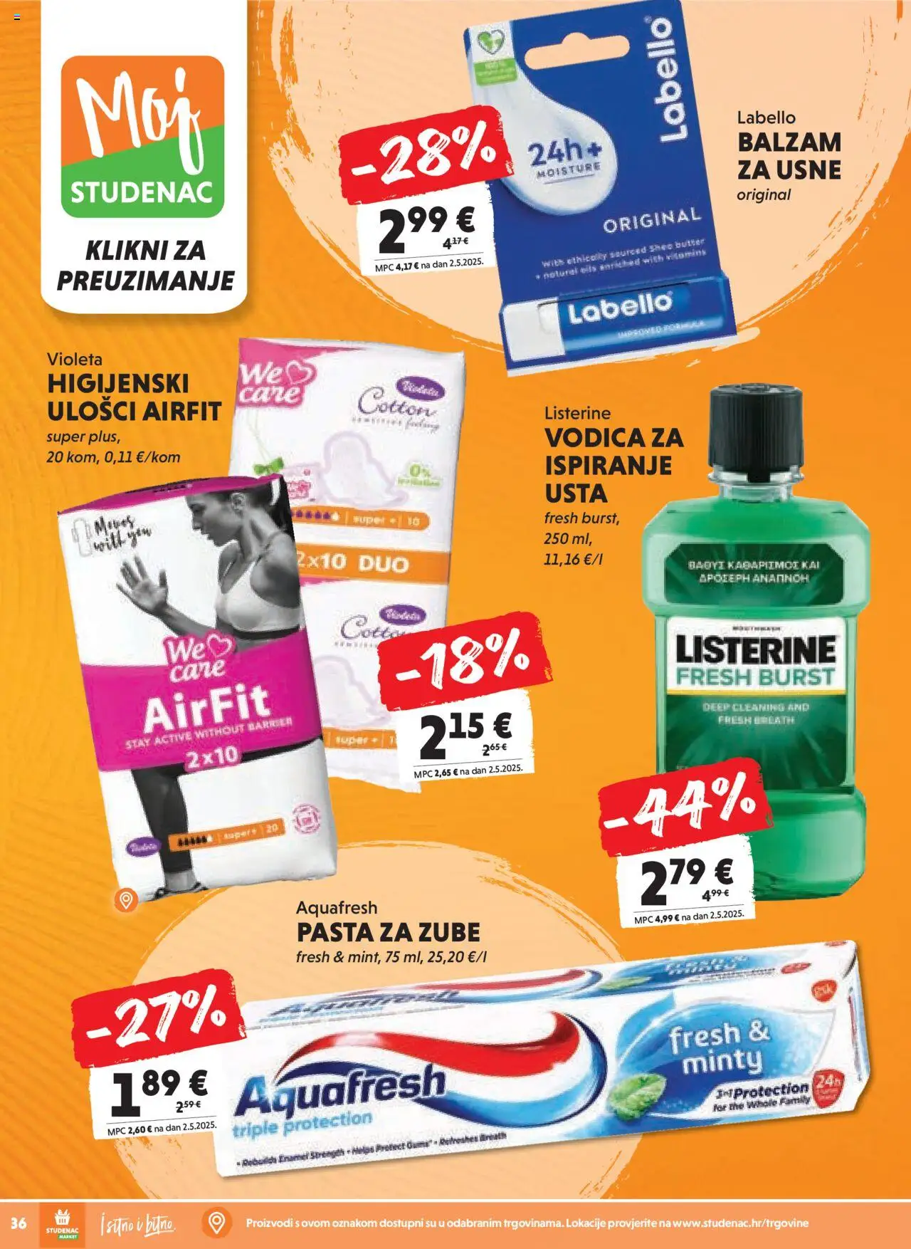 Studenac katalog | vrijedi od 13.08.2025 | Stranica: 36 | Proizvodi: Higijenski ulošci, Pasta za zube, Pasta, Violeta
