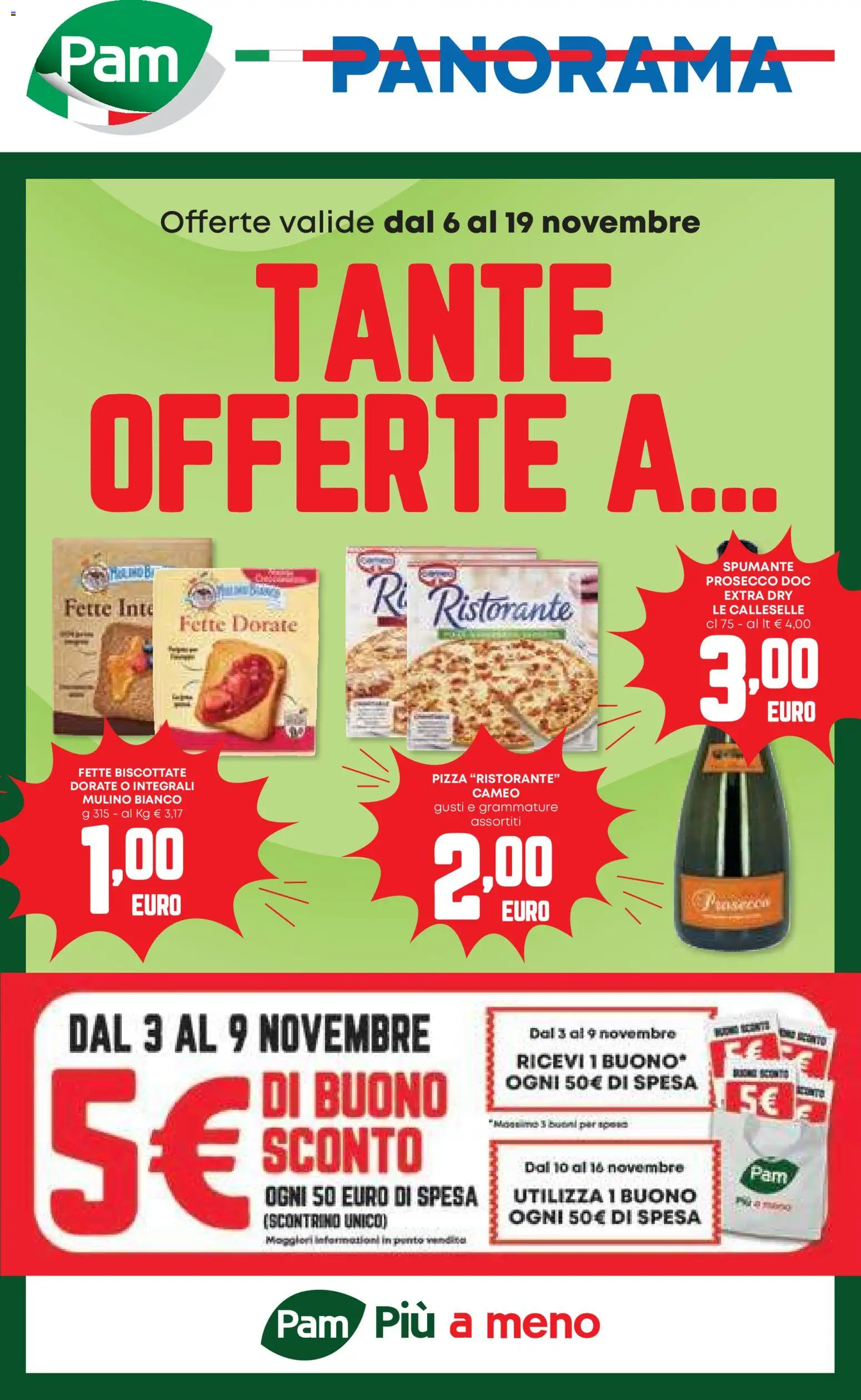 Volantino Panorama del 06.11.2025 | Pagina: 1 | Prodotti: Pizza, Prosecco, Spumante, Fette biscottate