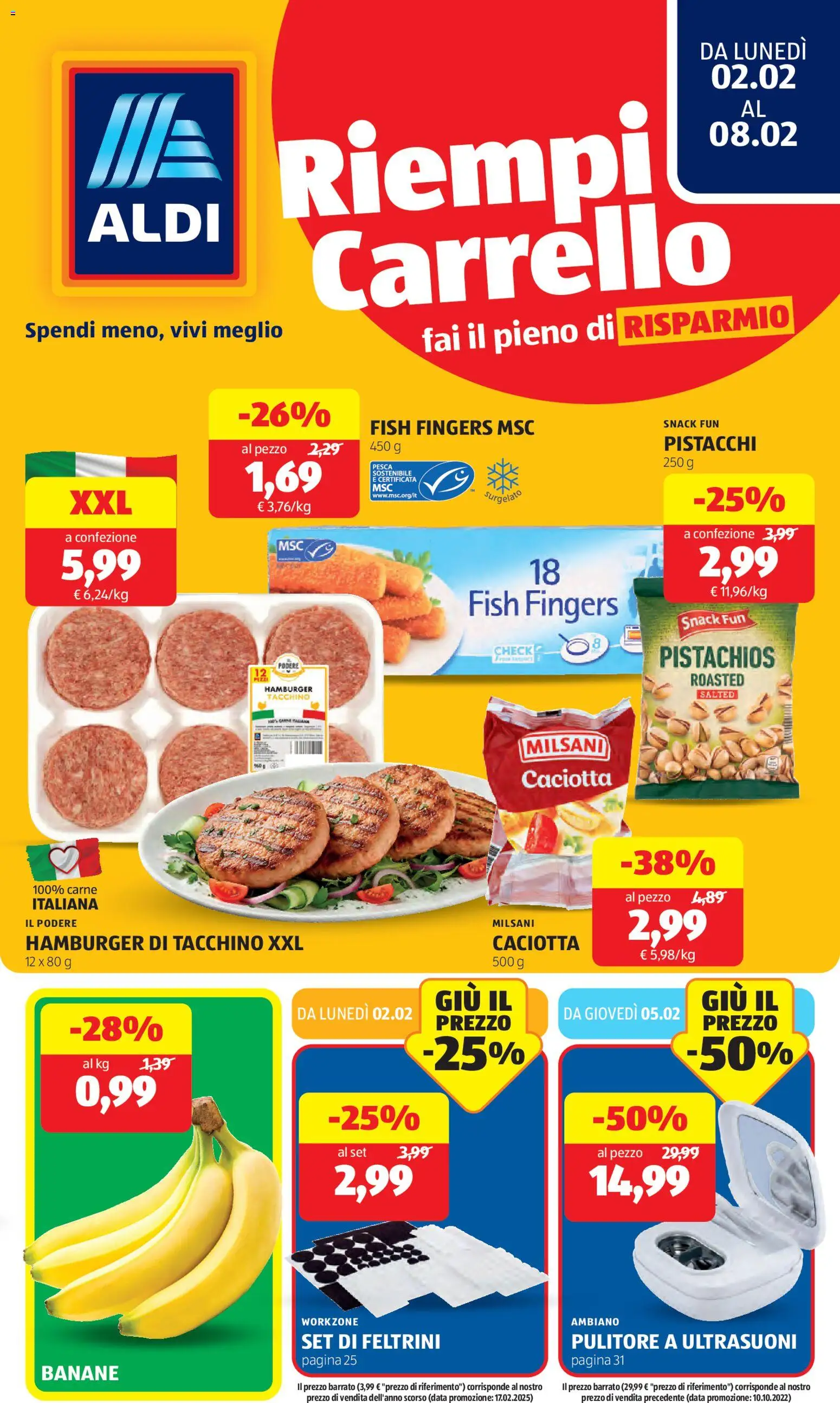 Volantino Aldi del 02.02.2026 | Pagina: 1 | Prodotti: Banane, Pesca, Data, Feltrini