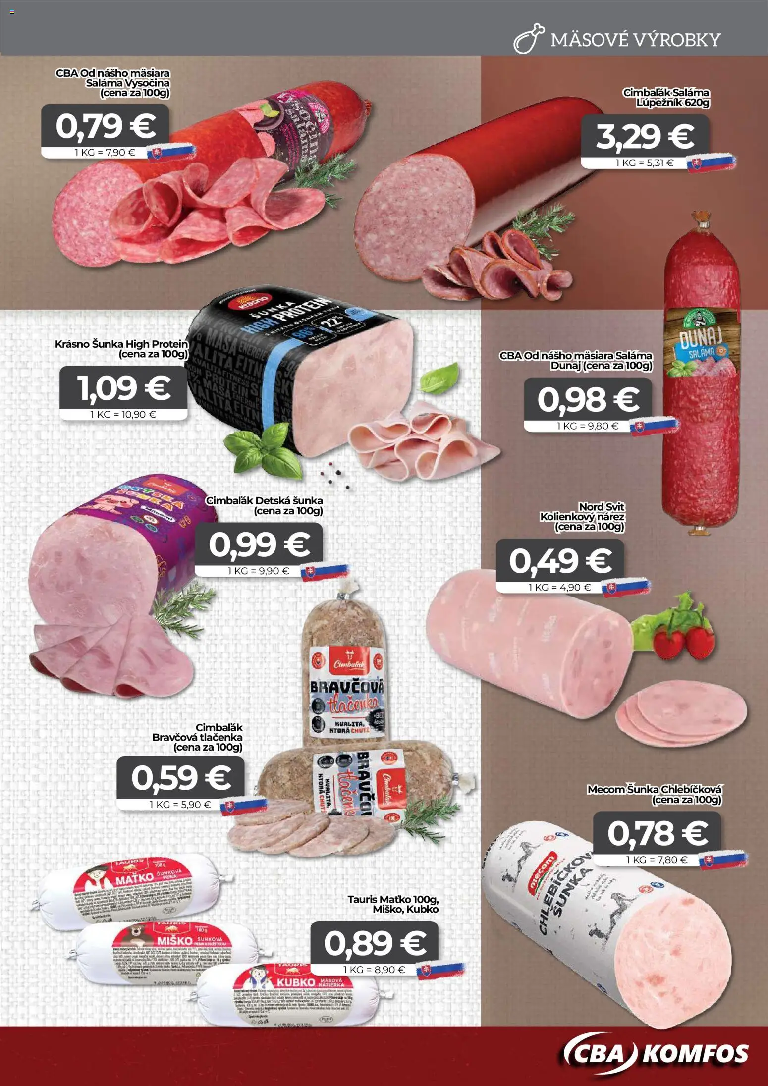 Nové CBA Komfos akcie – leták je platný od 20.02.2026 | Strana: 3 | Produkty: Saláma, Šunka, Protein