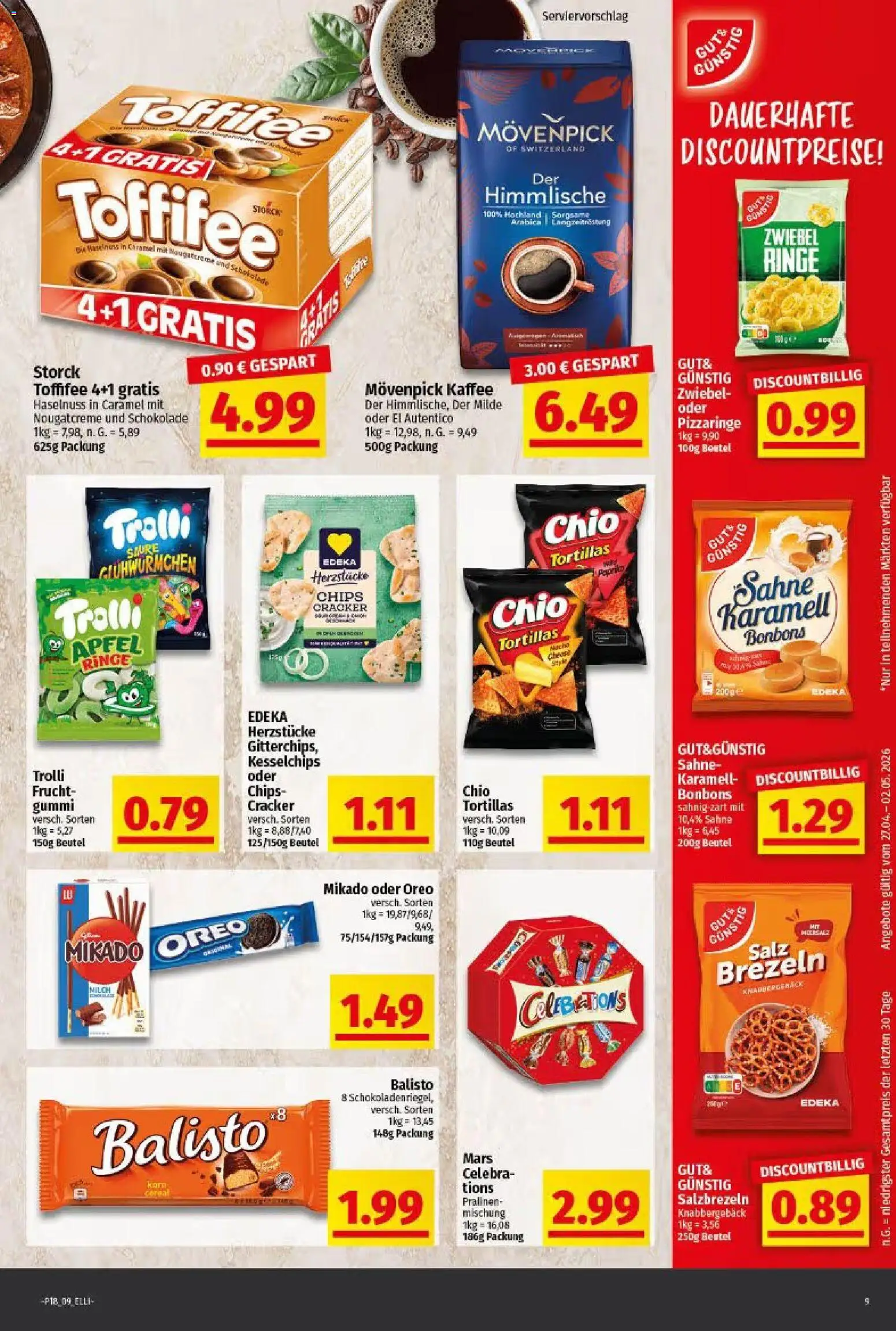 Elli Markt Prospekt Gütersloh – gültig ab 27.04.2026 | Seite: 9 | Produkte: Schokolade, Movenpick kaffee, Toffifee, Chips