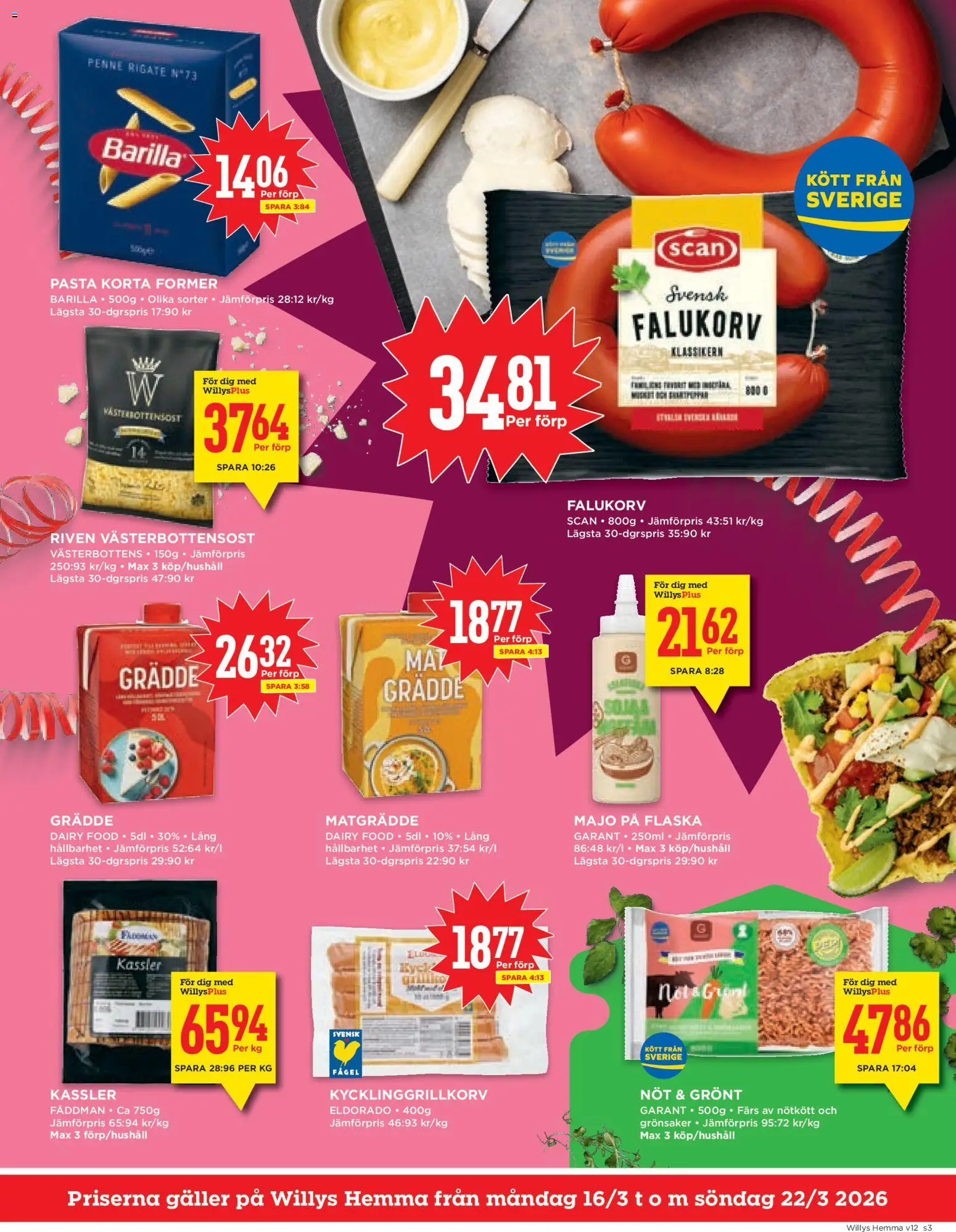 Willys reklamblad aktuell från 16.03.2026 | Sida: 3 | Produkter: Falukorv, Nötkött, Pasta, Grädde