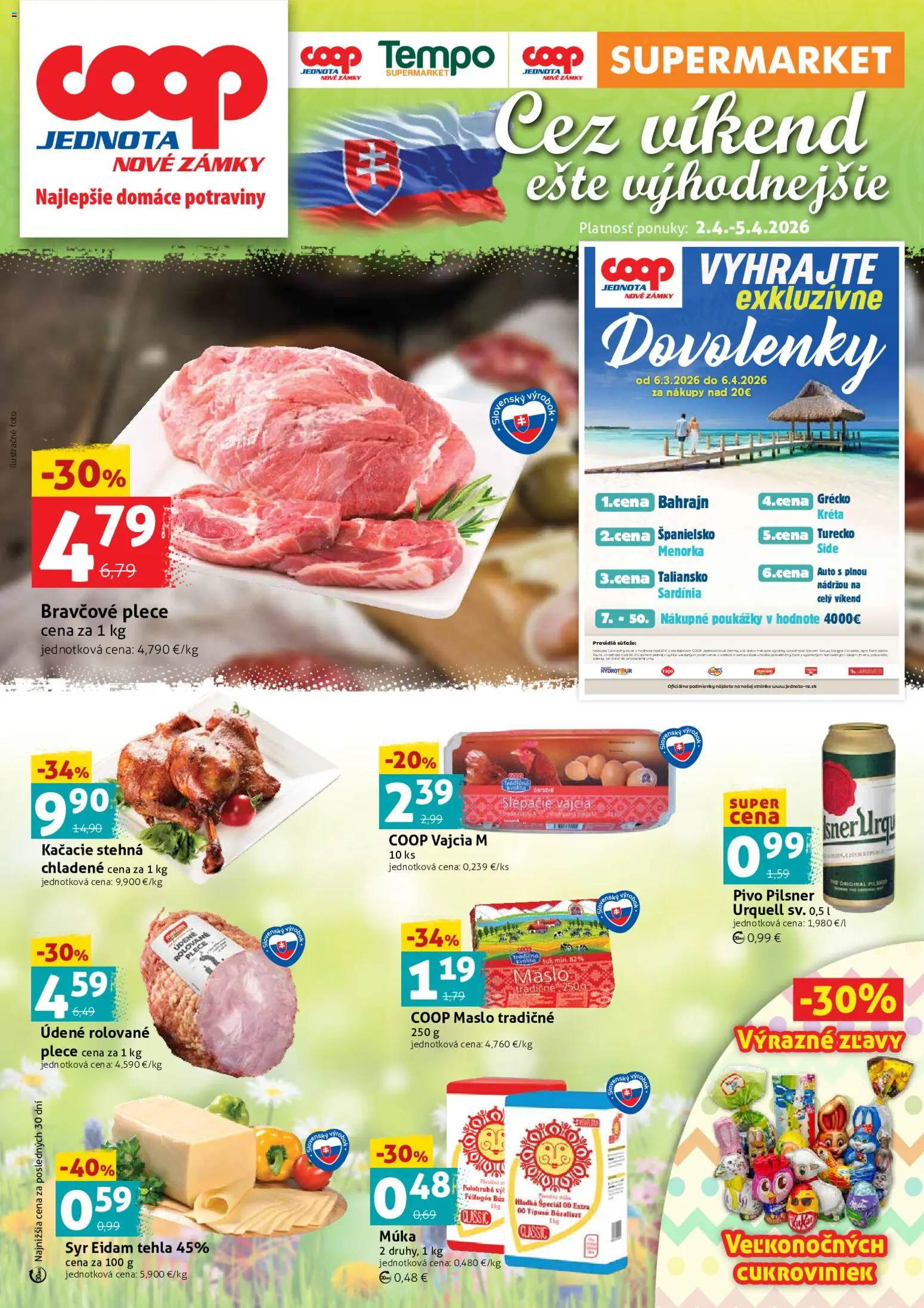 Nové COOP Jednota akcie – leták je platný od 02.04.2026 | Strana: 1 | Produkty: Syr, Kačacie stehná, Bravčové plece, Múka