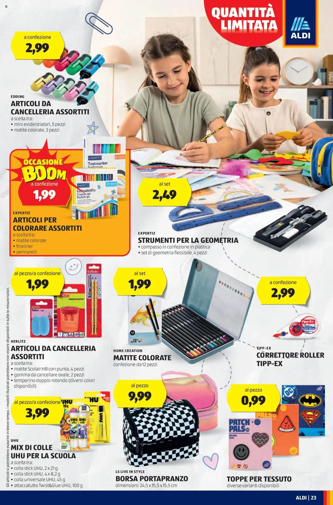 Volantino Aldi del 07.07.2025 | Pagina: 23 | Prodotti: Colla, Temperino, Matite colorate, Correttore