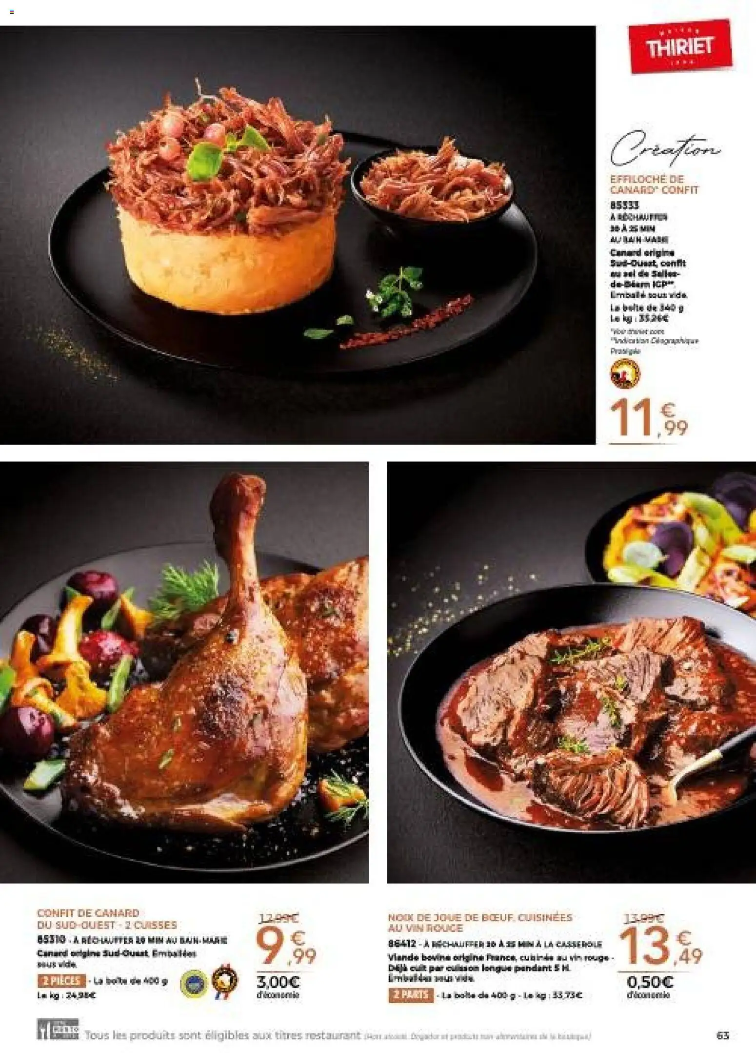 {H1} | Page: 63 | Produits: Confit de canard, Vin, Effiloché de canard, Viande bovine