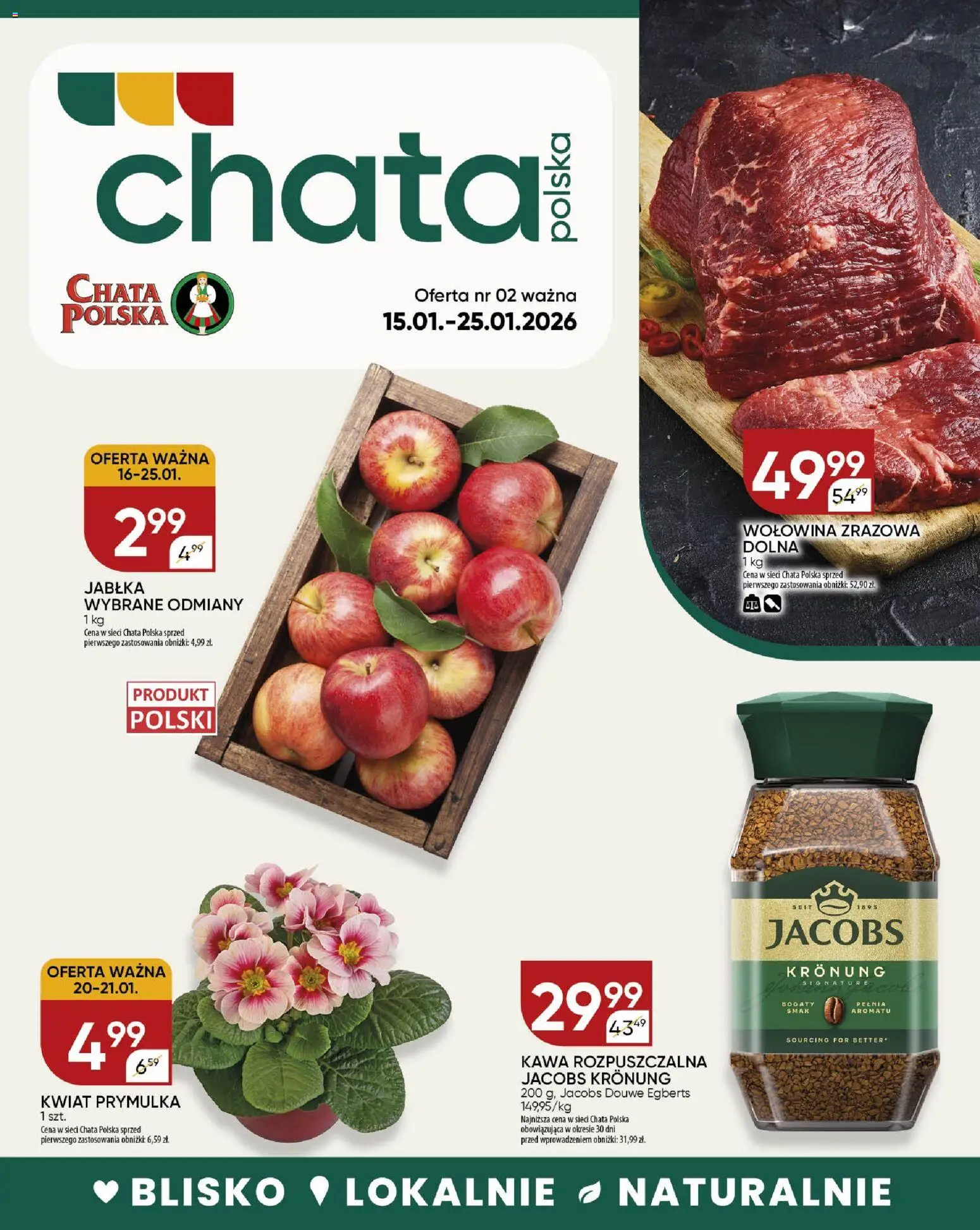 Chata Polska Gazetka od 15.01.2026 | Strona: 1 | Produkty: Kawa rozpuszczalna, Kawa rozpuszczalna Jacobs Kronung, Jabłka, Wołowina