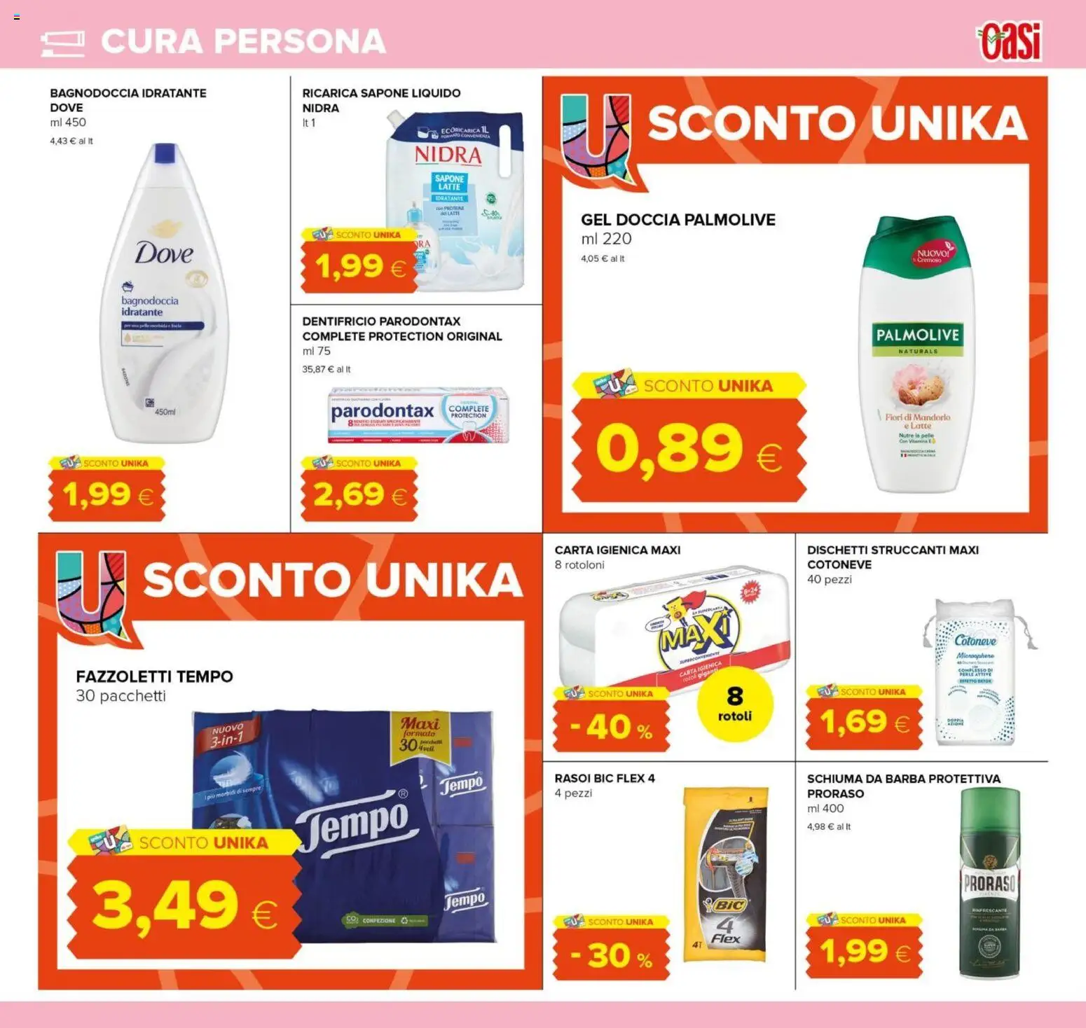 Volantino Oasi del 21.11.2025 | Pagina: 21 | Prodotti: Schiuma da barba, Carta igienica, Fazzoletti, Latte