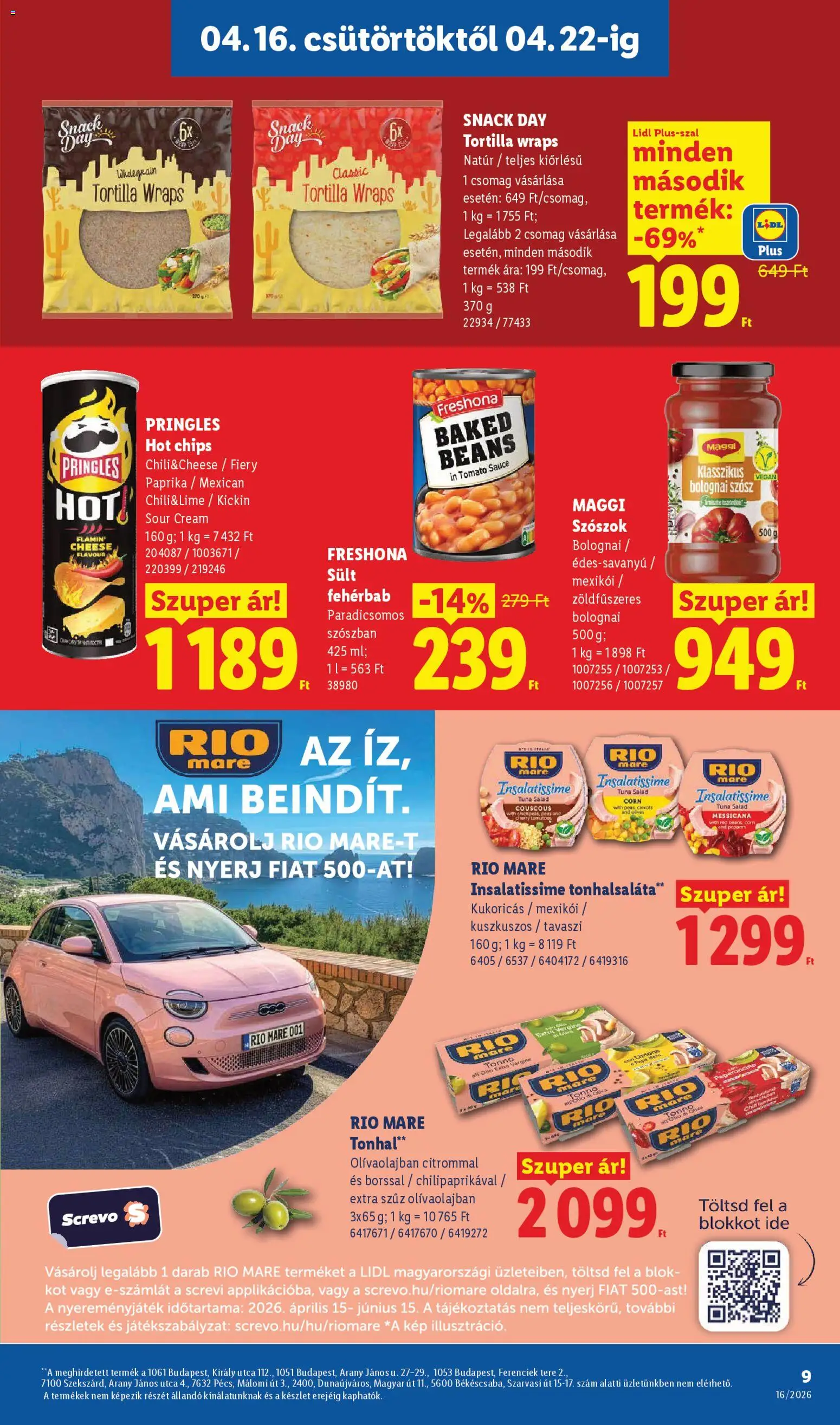 Lidl akciós ujság - amely érvényes a következő dátumtól: 16.04.2026 | Oldal: 9 | Termékek: Chips, Pringles, Tortilla, Vegán