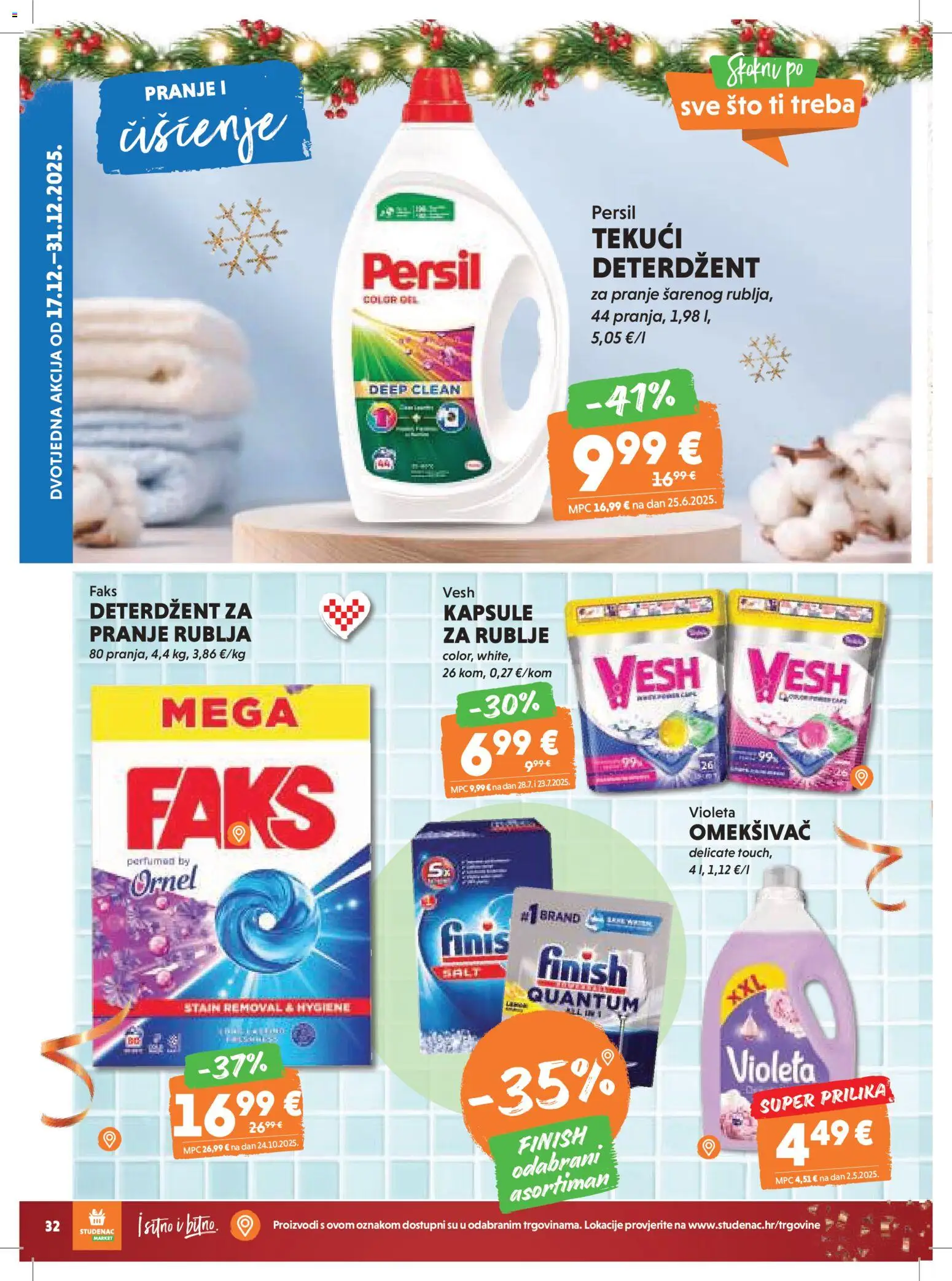 Studenac katalog | vrijedi od 26.12.2025 | Stranica: 32 | Proizvodi: Deterdžent, Tekući deterdžent, Finish, Violeta
