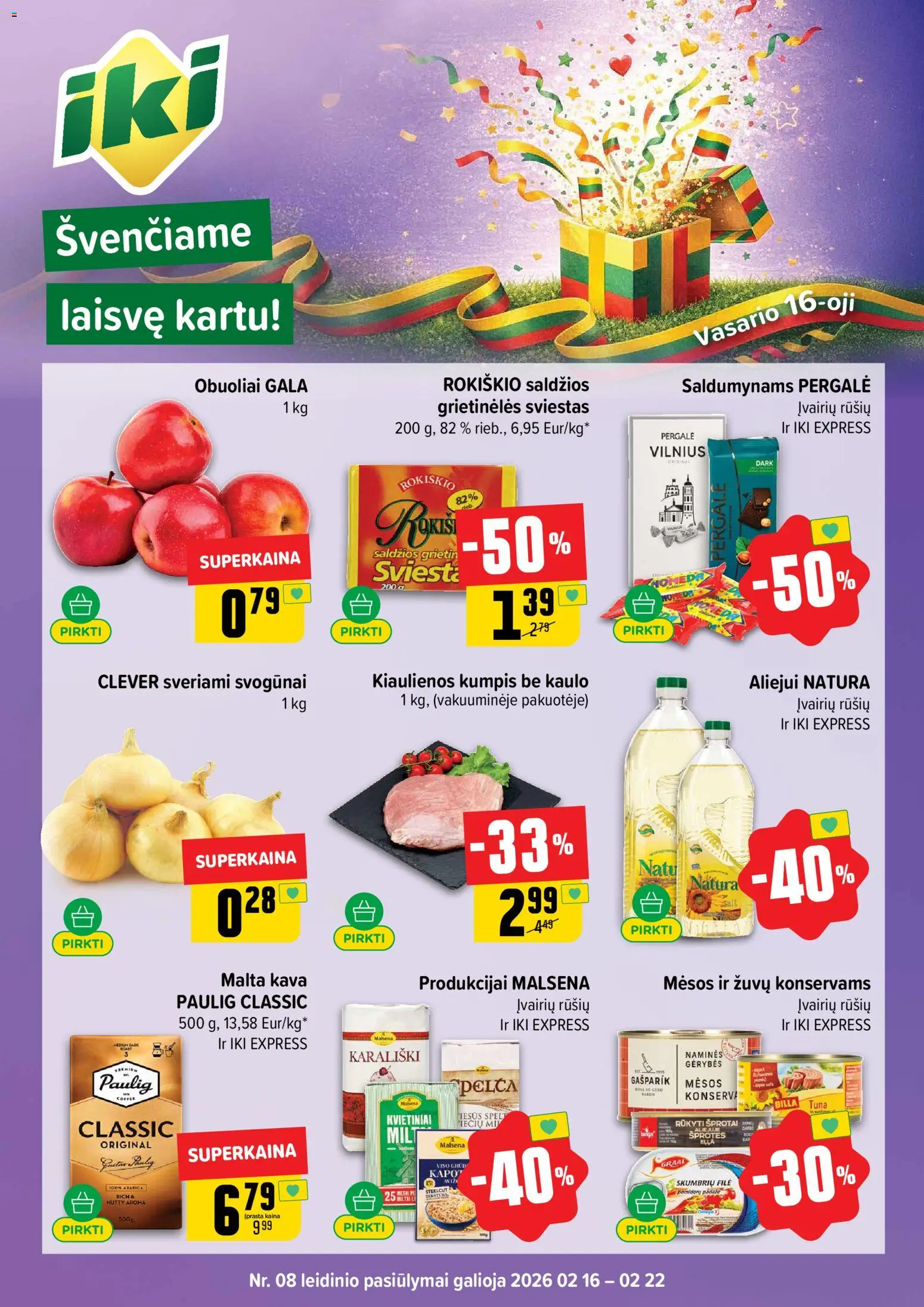 IKI akcijos nuo 16.02.2026 | Puslapis: 1 | Prekių: Kiaulienos, Sviestas, Kumpis, Obuoliai