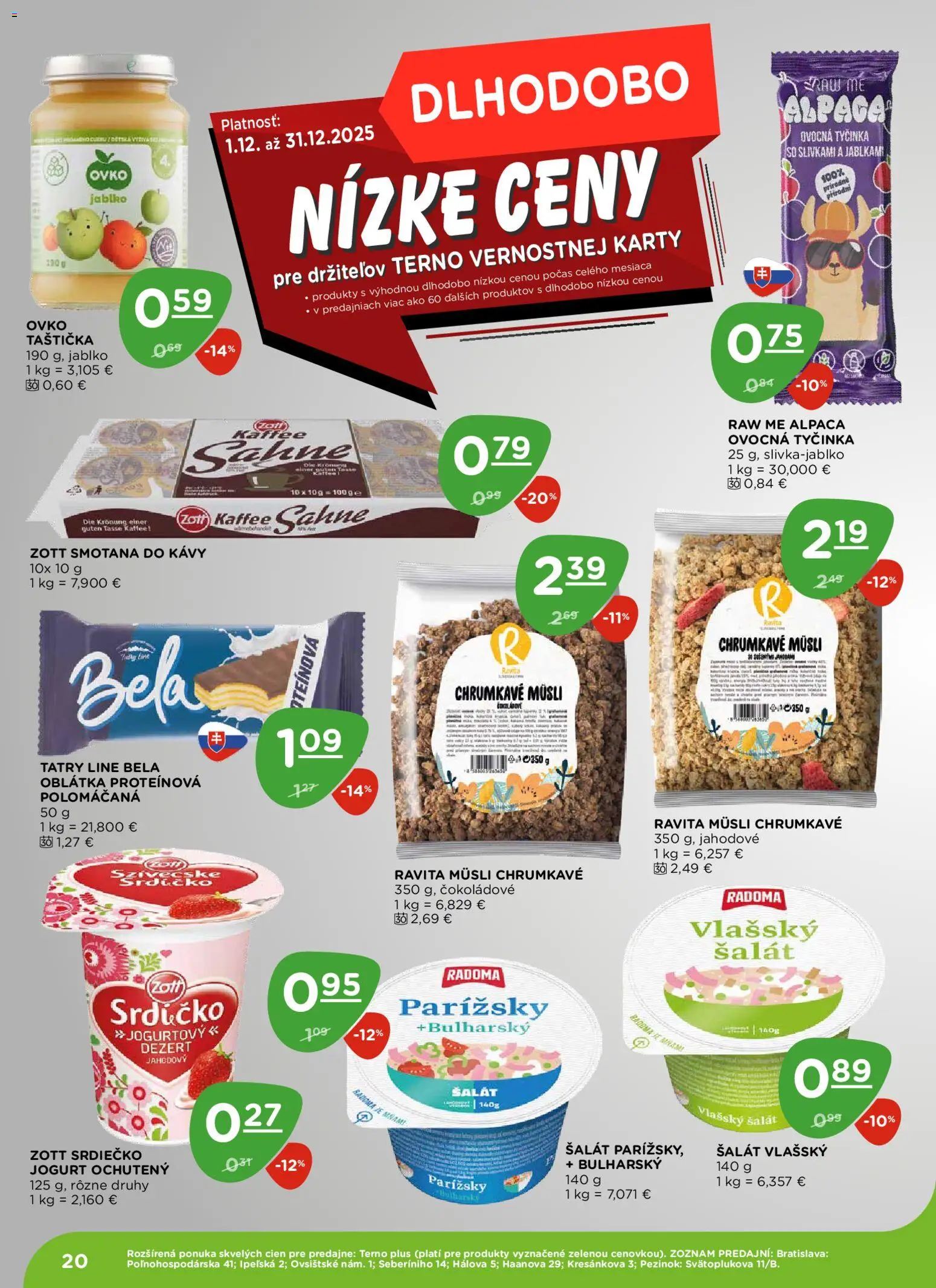 Nové Terno akcie – leták je platný od 11.12.2025 | Strana: 20 | Produkty: Jogurt, Jablká, Smotana, Šalát