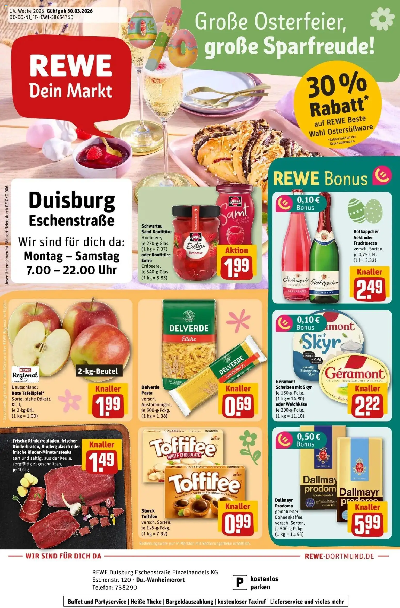 Rewe Prospekt Duisburg	 – gültig ab 30.03.2026 | Seite: 1 | Produkte: Rotkappchen sekt, Geramont, Dallmayr, Pasta