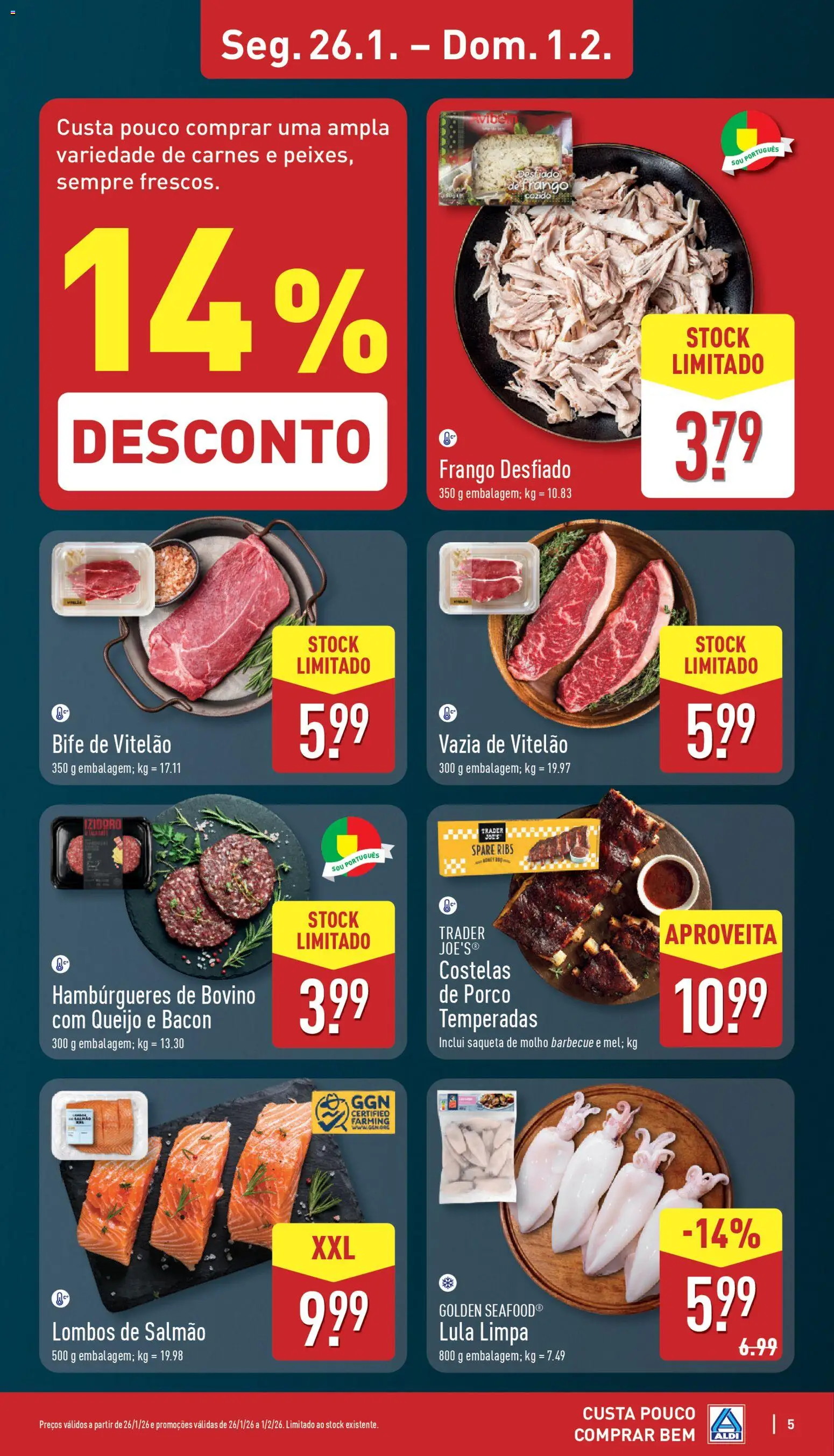 Aldi folheto │ válido de 26.01.2026 | Página: 5 | Produtos: Bacon, Frango, Salmão, Queijo