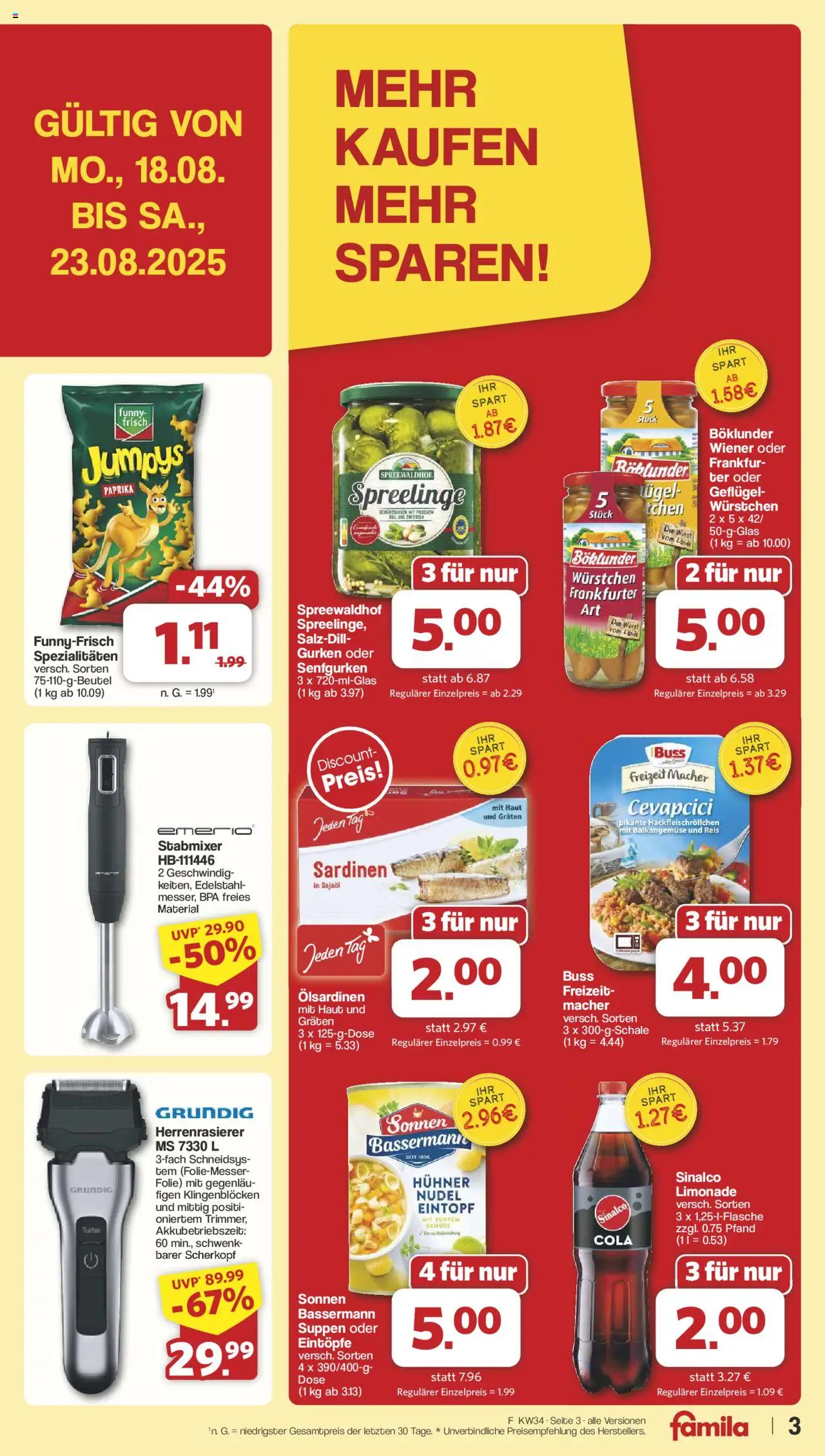 Famila Nordwest Prospekt 	 - gültig ab dem 18.08.2025 | Seite: 3 | Produkte: Sinalco, Paprika, Reis, Stabmixer